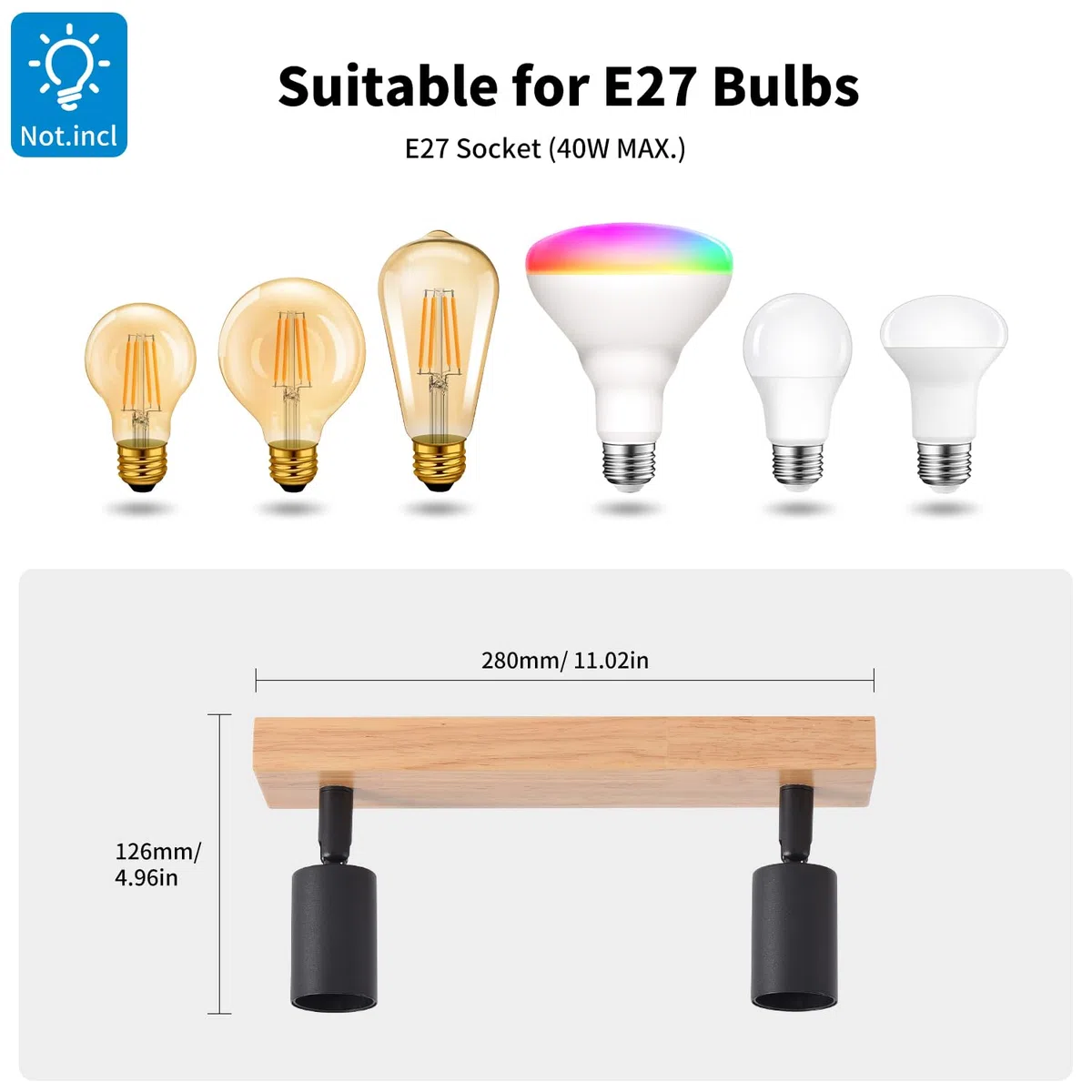 LVWIT Faretti LED da Soffitto Orientabili Nero, Faretto da Interno con 2 Lampadine LED E27, Base di Legno, Faretti Soffitto Retrò per Barra, Salotto,Cameretta, Cucina (Lampadine Escluse)
