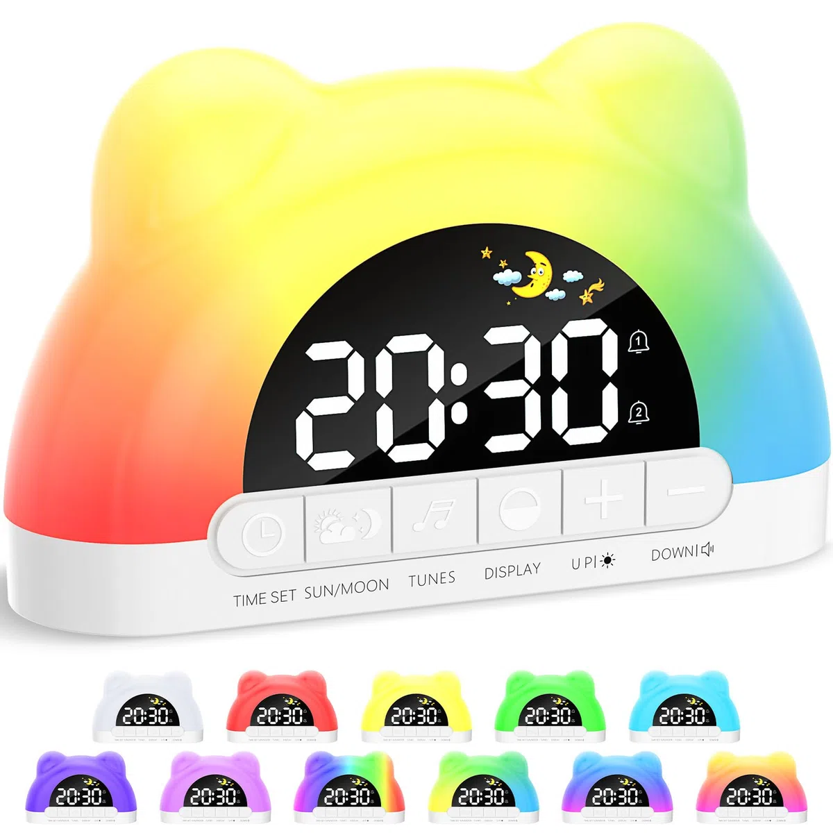 Sveglia Digitale per Bambini 12/24 Ore, Sveglia da Comodino con 11 RGB Luce, 5 Livelli di Luminosità, Doppia Modalità Giorno/Notte, per Allenamento del Sonno