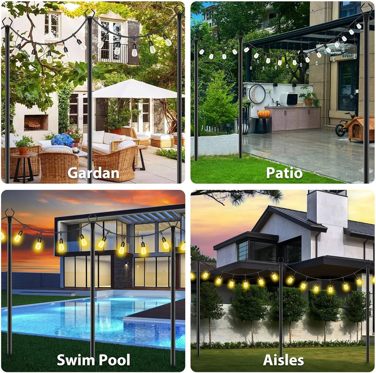 Confezione da 4 Aste in Metallo con Forchetta, 3m/10ft Pali per Illuminazione Esterna, Supporto per Illuminazione Resistente per Esterni, Patio, Terrazza, Cortile, Matrimonio, Festa