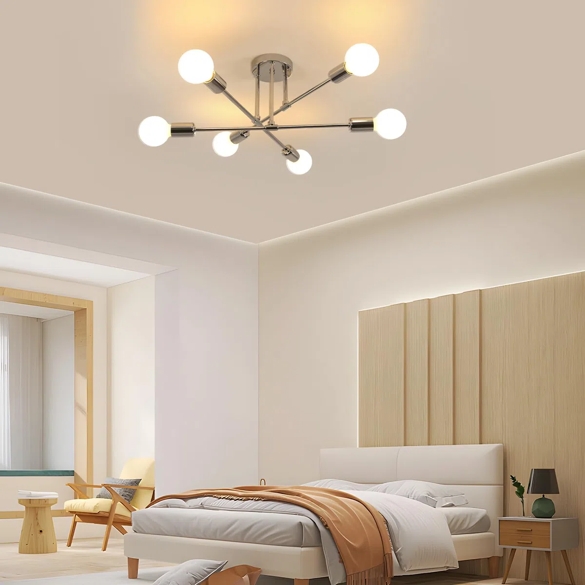Goeco Lampadario Sputnik Vintage, E27 Plafoniera da Soffitto Industrial con 6 Portalampada, Lampada da Soffitto in Metallo per Camera da Letto Soggiorno, (Senza Lampadina), Cromo Dia. 60 cm