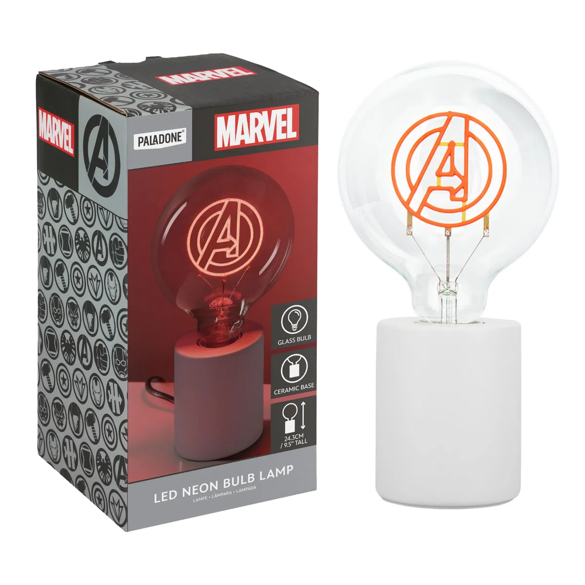 Paladone, Lampada con lampadina neon a LED decorativa Marvel Avengers, con lampadina in vetro E27, regalo supereroi, con licenza ufficiale, luce divertente per camere da letto e case