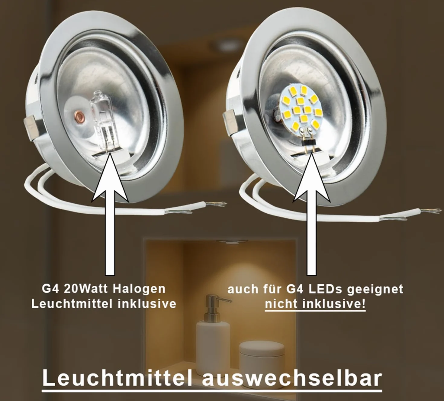 Lampada da incasso per mobili - 12 Volt AC G4, 20 Watt lampadina inclusa (dimmerabile), foro: 55-58 mm; diametro esterno: 65 mm; profondità di incasso: 30 mm; lampadina sostituibile, adatta anche per LED