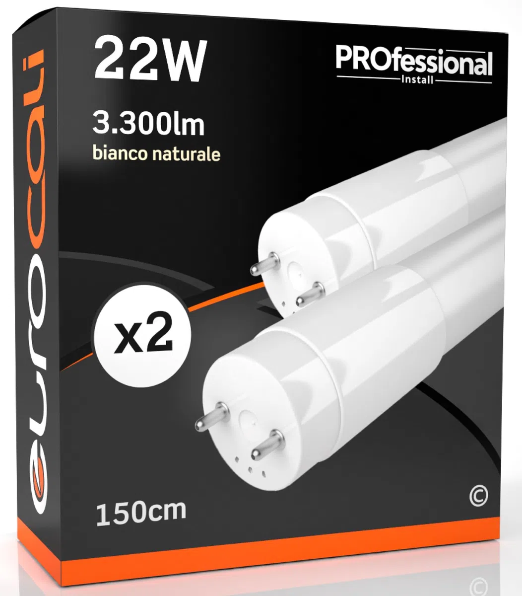 Eurocali Tubo LED T8 22W 150cm Alta Luminosità 3300 lumen Fascio Luminoso 320° - Bianco Naturale 4000K - Sostituzione Neon - Pacco da 2