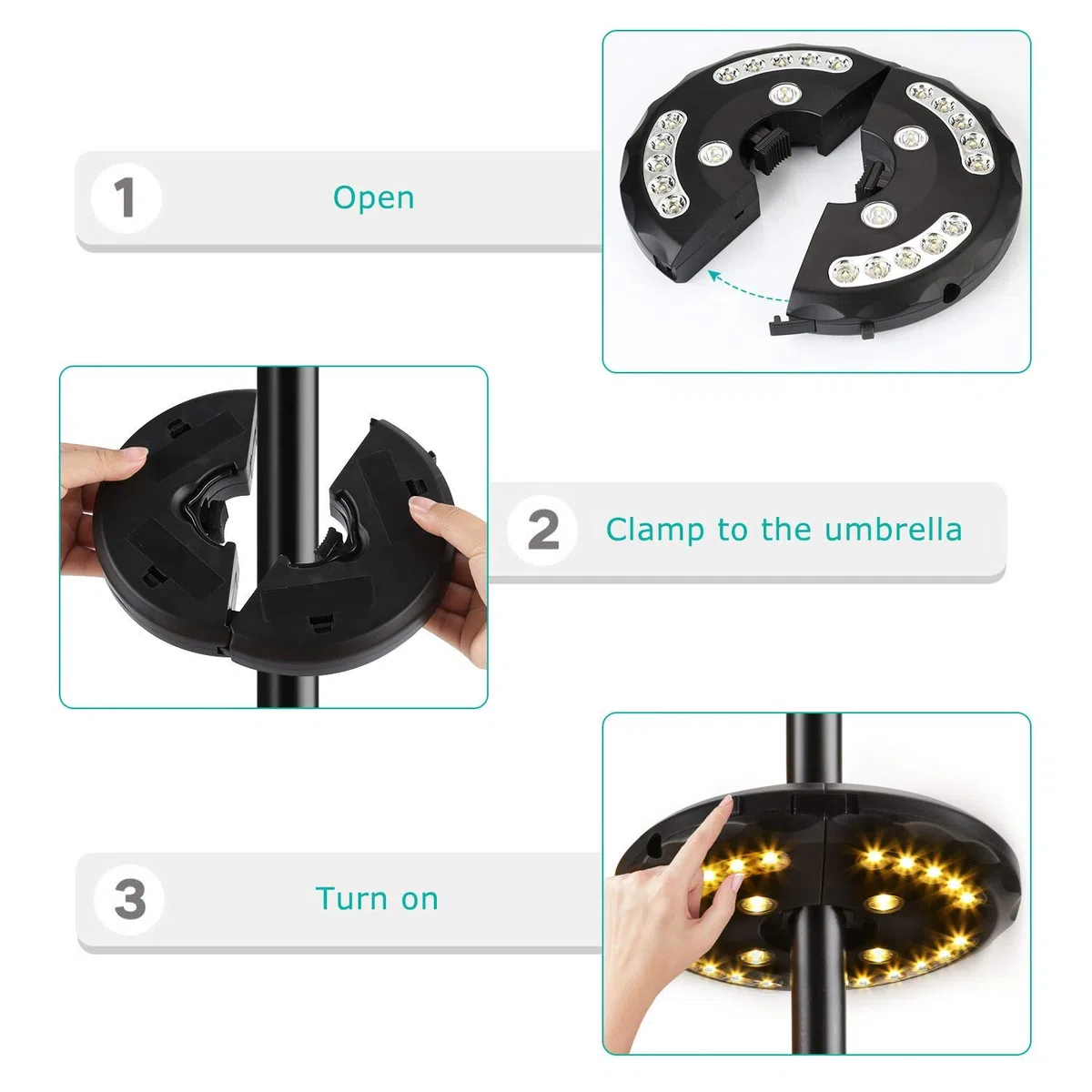 Supernight - Illuminazione per ombrellone, 28 luci a LED, 3 modalità di luminosità, 4 batterie AA (non incluse) per ombrelloni da terrazza all'aperto, campeggio, luce bianca calda