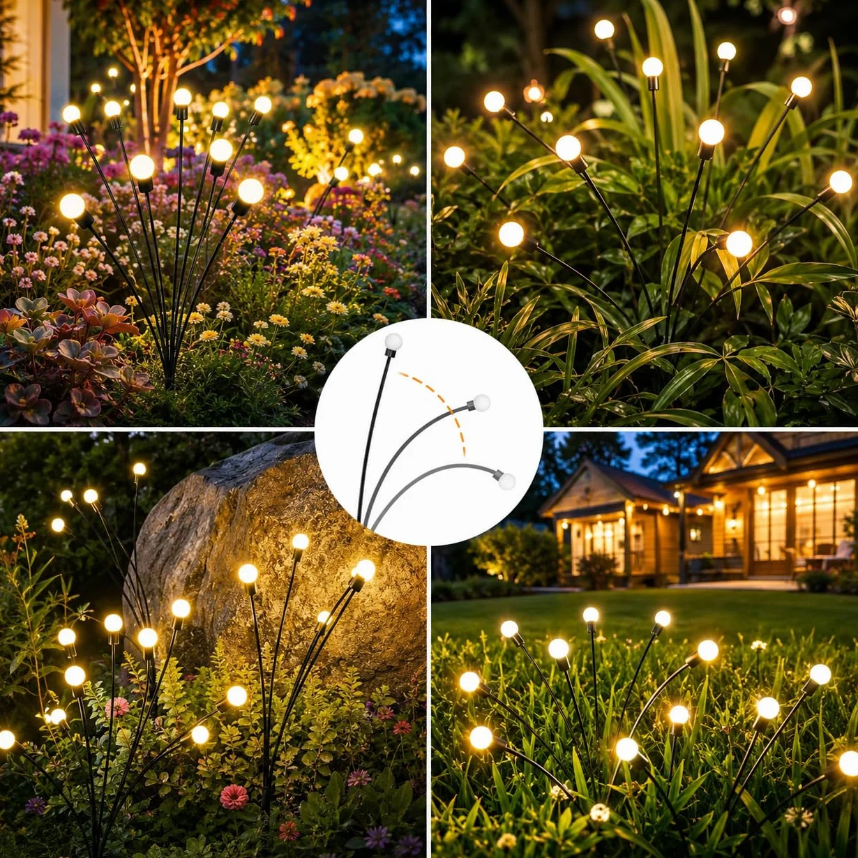Lampada Solare Lucciola per Giardino Esterno, 4 Pezzi 10 LED Luci Solari Impermeabili IP65, Luce Decorativa Ondeggiante al Vento per Prato, Patio, Balcone, Feste(Bianco Caldo)
