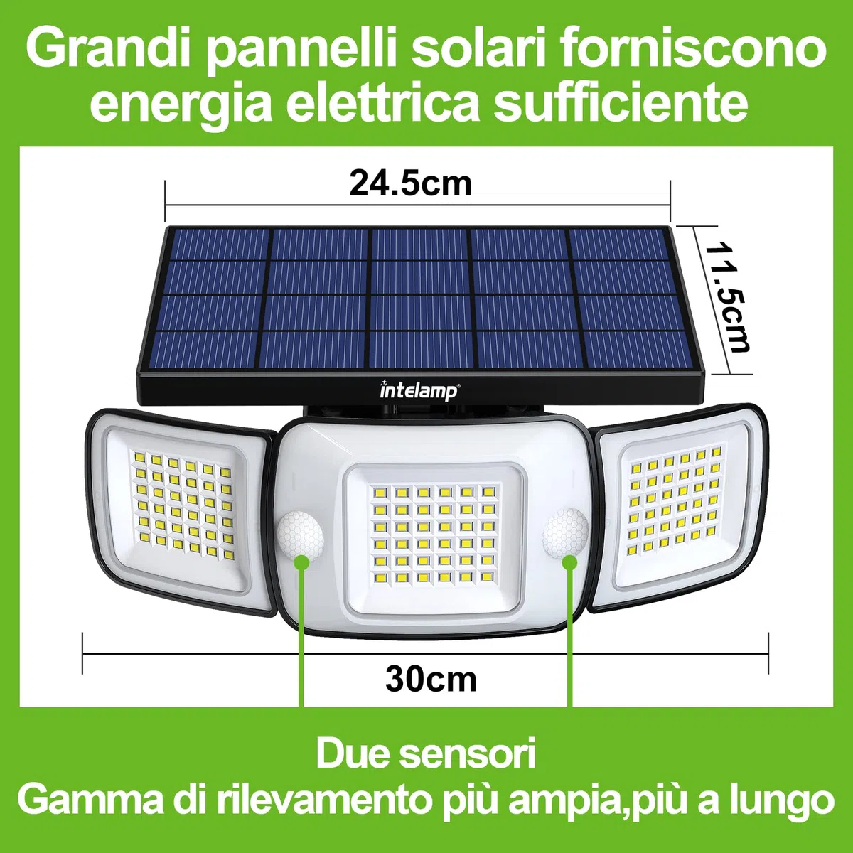 INTELAMP Luce Solare LED Esterno, 108LED Faretto LED da Esterno con Sensore di Movimento, 6000mAh Lampada Solare da Esterno 6500K, 4 Modalità Luci Solari Esterno per Giardino (Luce Bianca – 1 Pezzo)
