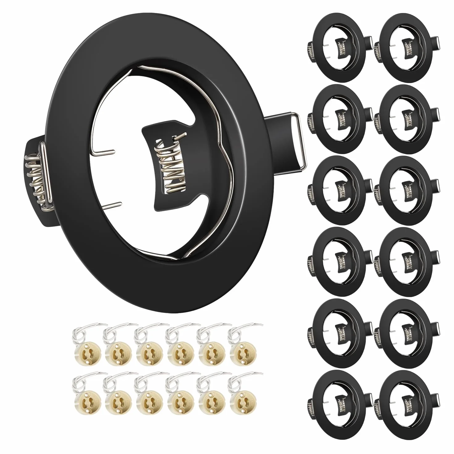 Tofisr Cornice Faretti LED da Incasso GU10 per cartongesso, Portafaretto da Incasso Rotondo Nero, Foro 55mm-70mm, Per 50mm LED e Alogeno, Portalampade GU10 Inclusi, Set di 12