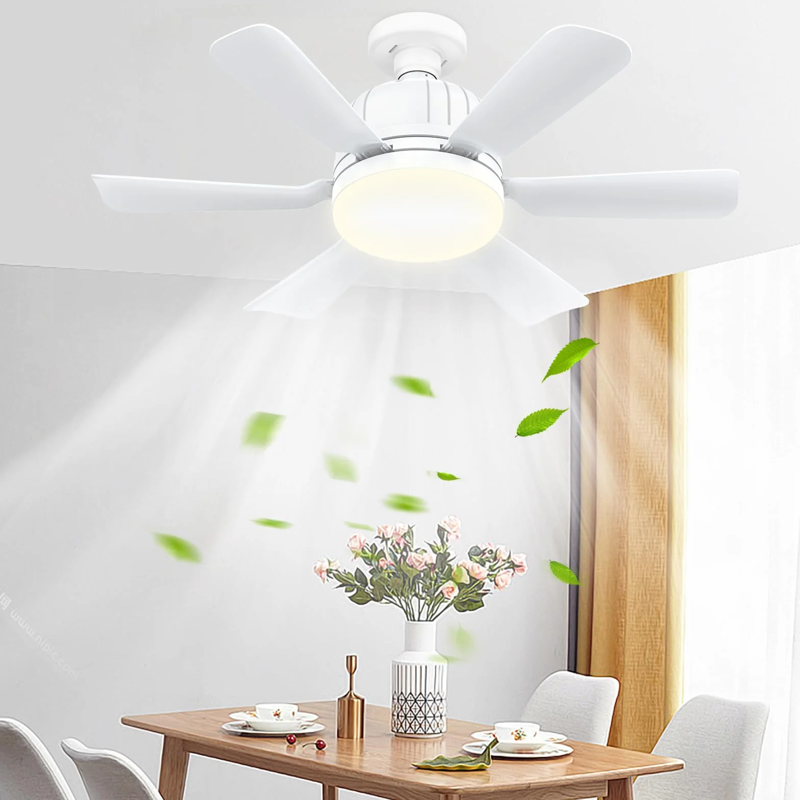 Ventilatore da soffitto con luce e telecomando - Ventilatore da soffitto silenzioso E27 da 46 cm con 3 livelli, lampada LED dimmerabile, 3 livelli di vento, timer 2/4 ore, per la stanza (bianca)