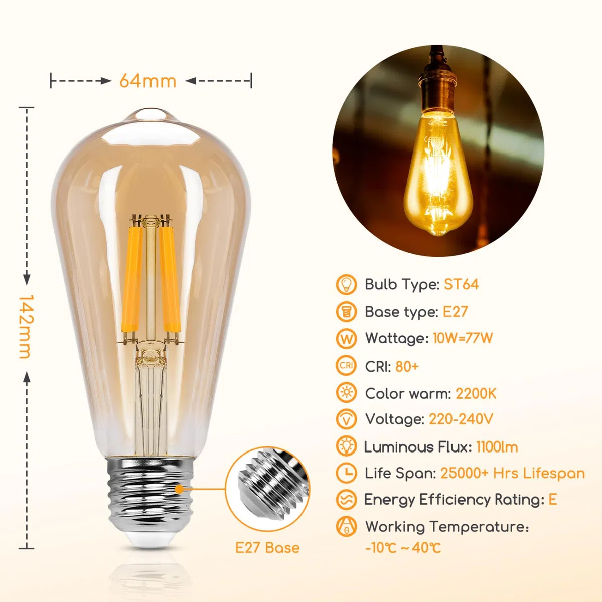 Aigostar ST64 - Lampadina Stile Vintage Edison, Led E27 Da 10W (Equivalente A 77W)，Filamento Led Bianco Caldo (2200K)， 1100 Lumens，Non Dimmerabile， Confezione Da 6 Unità