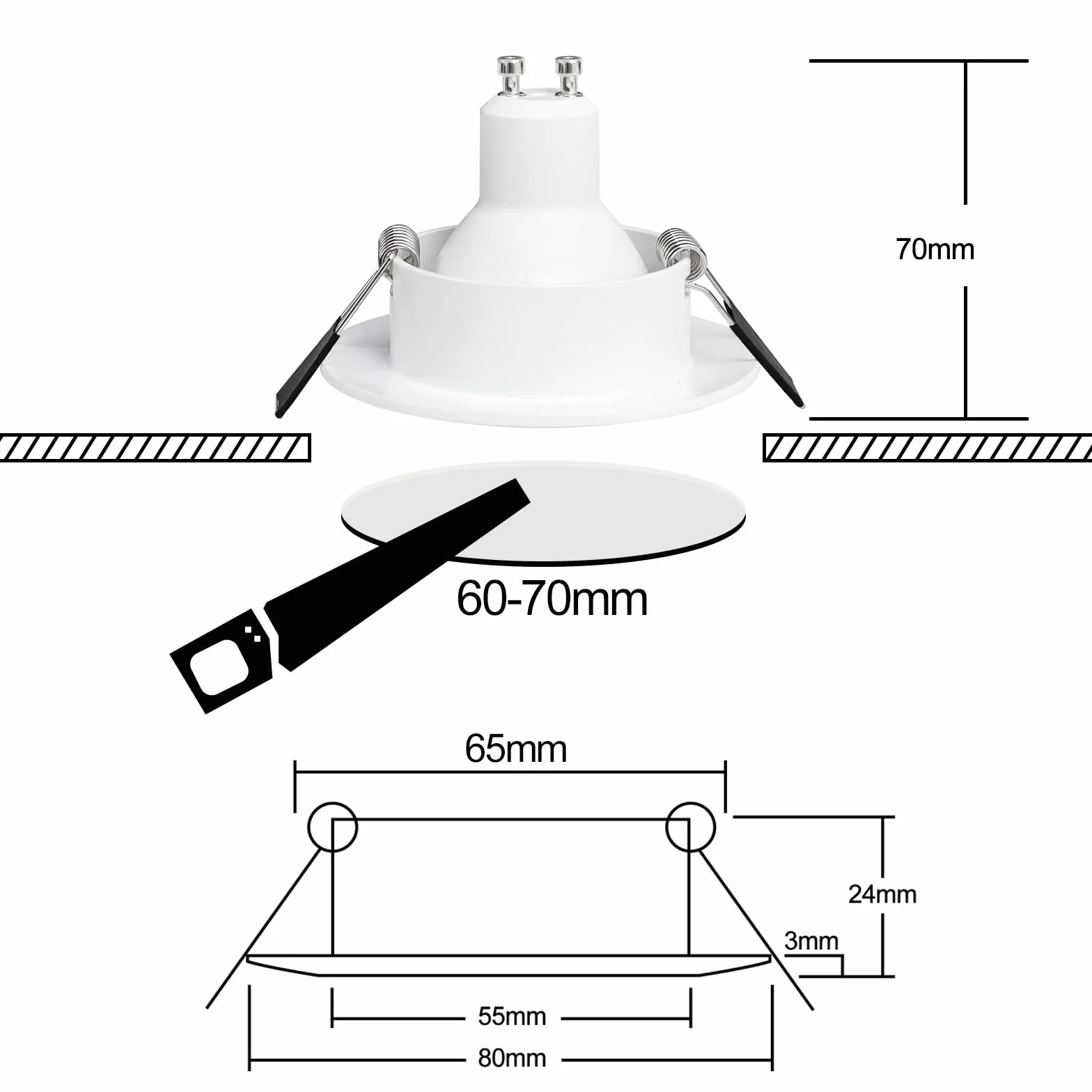 Faretto Incasso Cartongesso GU10 Alluminio Bianco, Cornice Faretti led da incasso per cartongesso Rotondo Portafaretto incl. Portalampada GU10 per lampade LED e Alogeno, Foro ø65mm, Set da 6