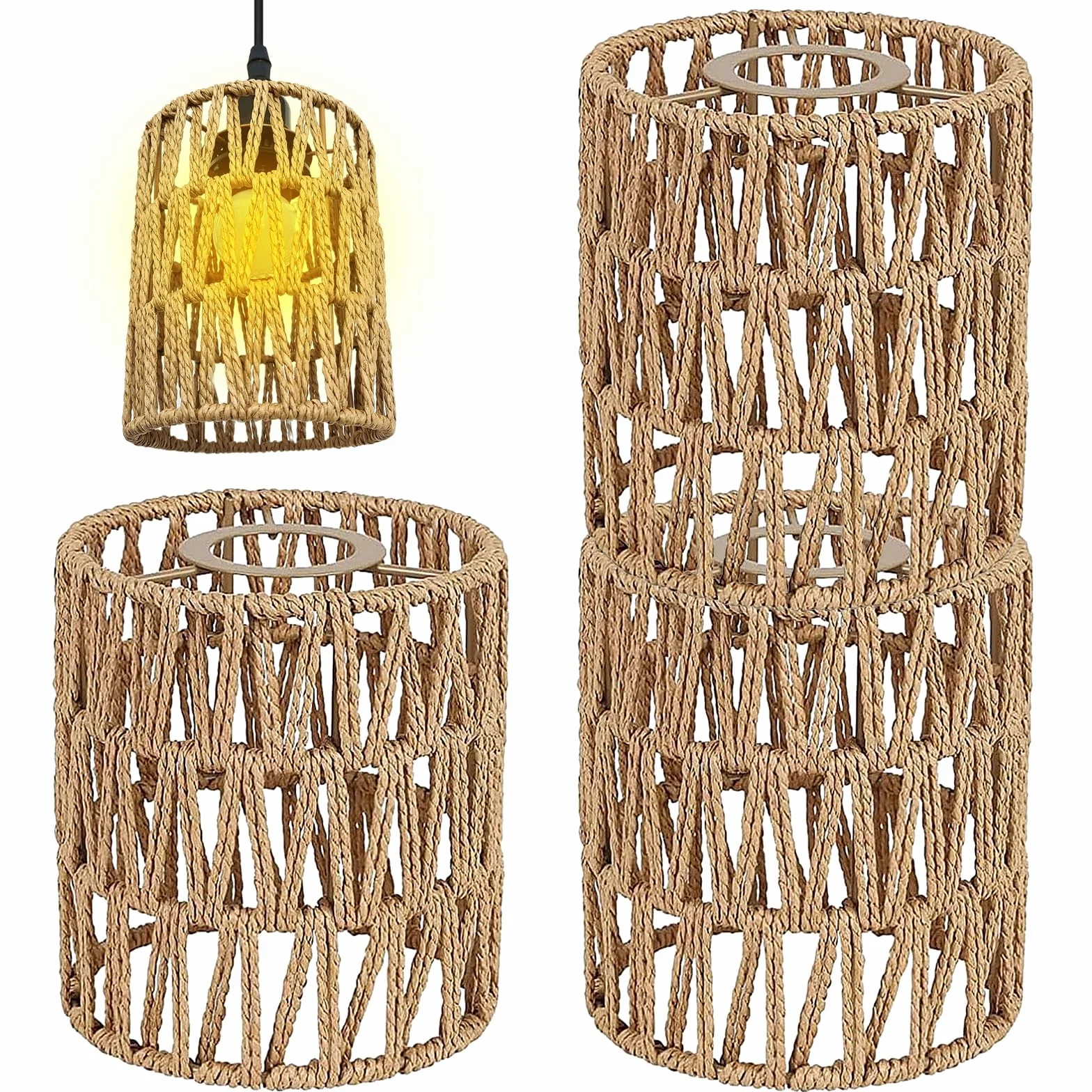 3 paralumi in rattan boho di ricambio in vimini (altezza 15 cm) per lampada a sospensione, lampada da terra, lampada da tavolo, lampada a sospensione e plafoniera, accessori per paralume boho