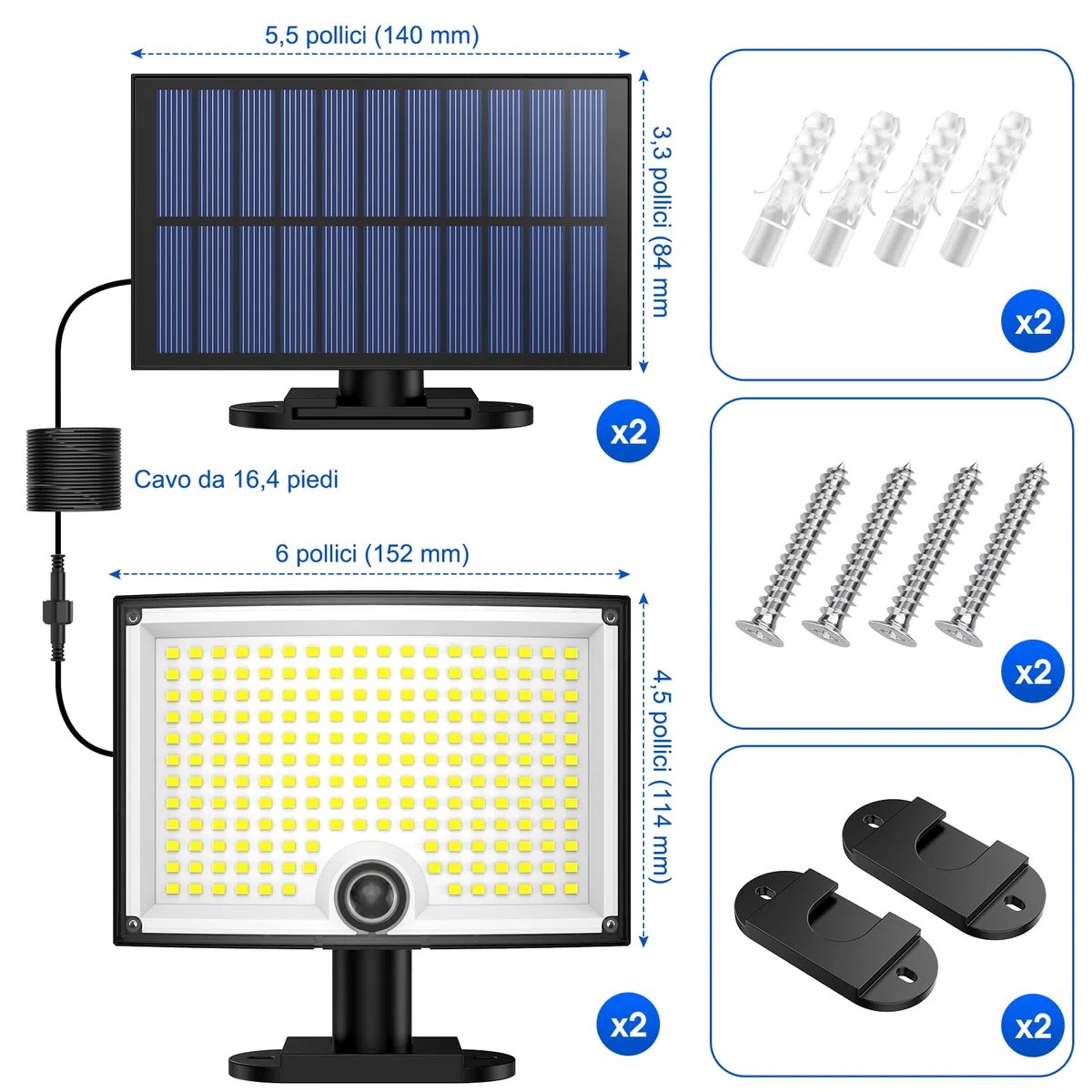 Faretto LED da Esterno Solare, Luce Solare LED Esterno 202 LED 3Modes Faro LED Esterno con Pannello Solare con Sensore di Movimento Impermeabile IP65 da Terra, Giardino 5M Cavo 2 Pezzi