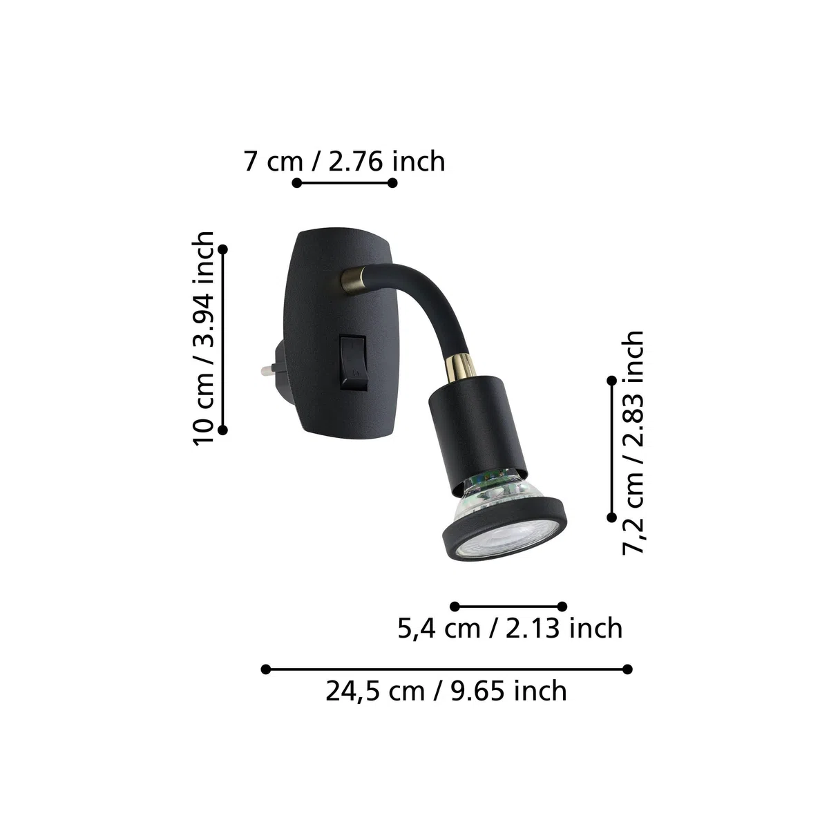 Eglo Lampada da presa Parrini, illuminazione con interruttore, spot orientabile e braccio flessibile, metallo e plastica nero e ottone, luce calda