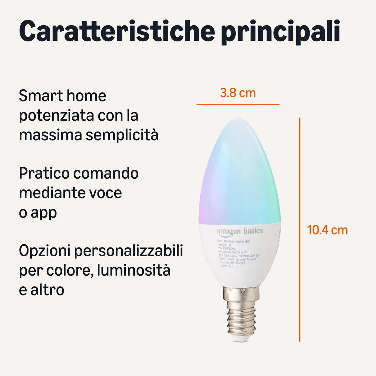 Amazon Basics - Lampadina intelligente E14, 2,4 GHz, Wi-Fi: nessun hub richiesto, funziona solo con Alexa, cambia colore, confezione da 4