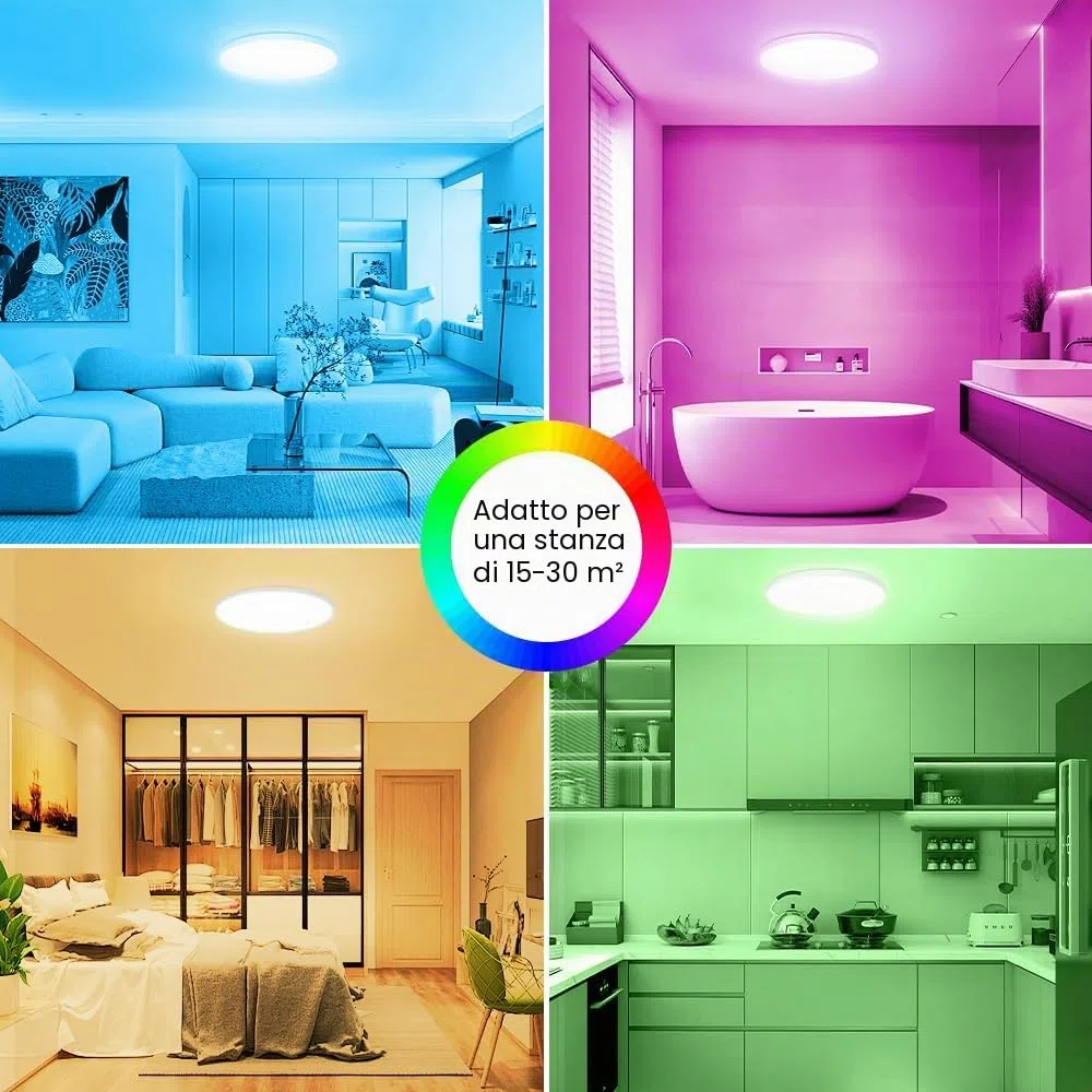 Lampada da Soffitto LED Dimmerabile con Telecomando, 24W RGB Plafoniera LED Colore IP44 Impermeabile, Controllo Intelligente tramite App Alexa Google Home, per Camera, Cucina, Salone, Bagno