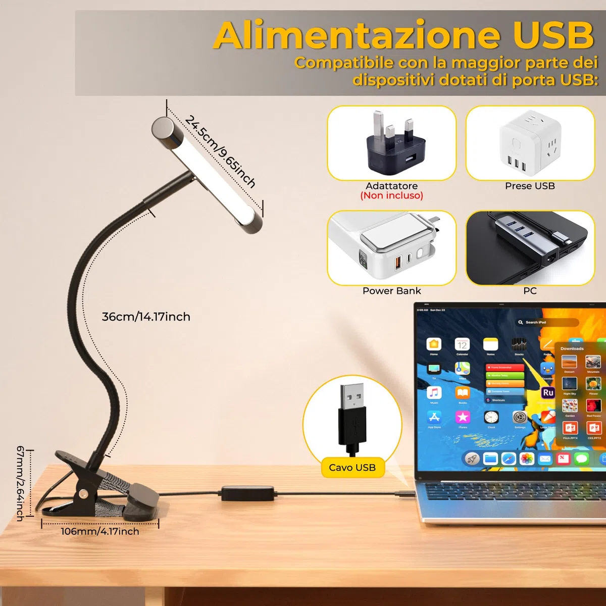 Lustaled Lampada da Cavalletto per Pittura, Lampada da Scrivania a LED con Pinza, Luce Lettura Letto, 3 Colori & 5 Luminosità, USB-C, Luce per Leggio Musicale, Lampada da Lavoro a Morsetto