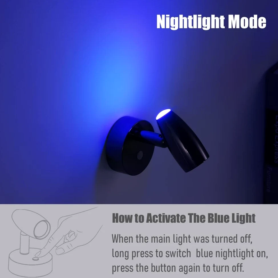 12V Lampade da Lettura LED Campercon Caricatore USB & Luce notturna blu, Girevole Spot Barca Lampada da Parete da Comodino Dimmerabile, Per Caravan Furgone Van, 12-24V DC Nero lucido