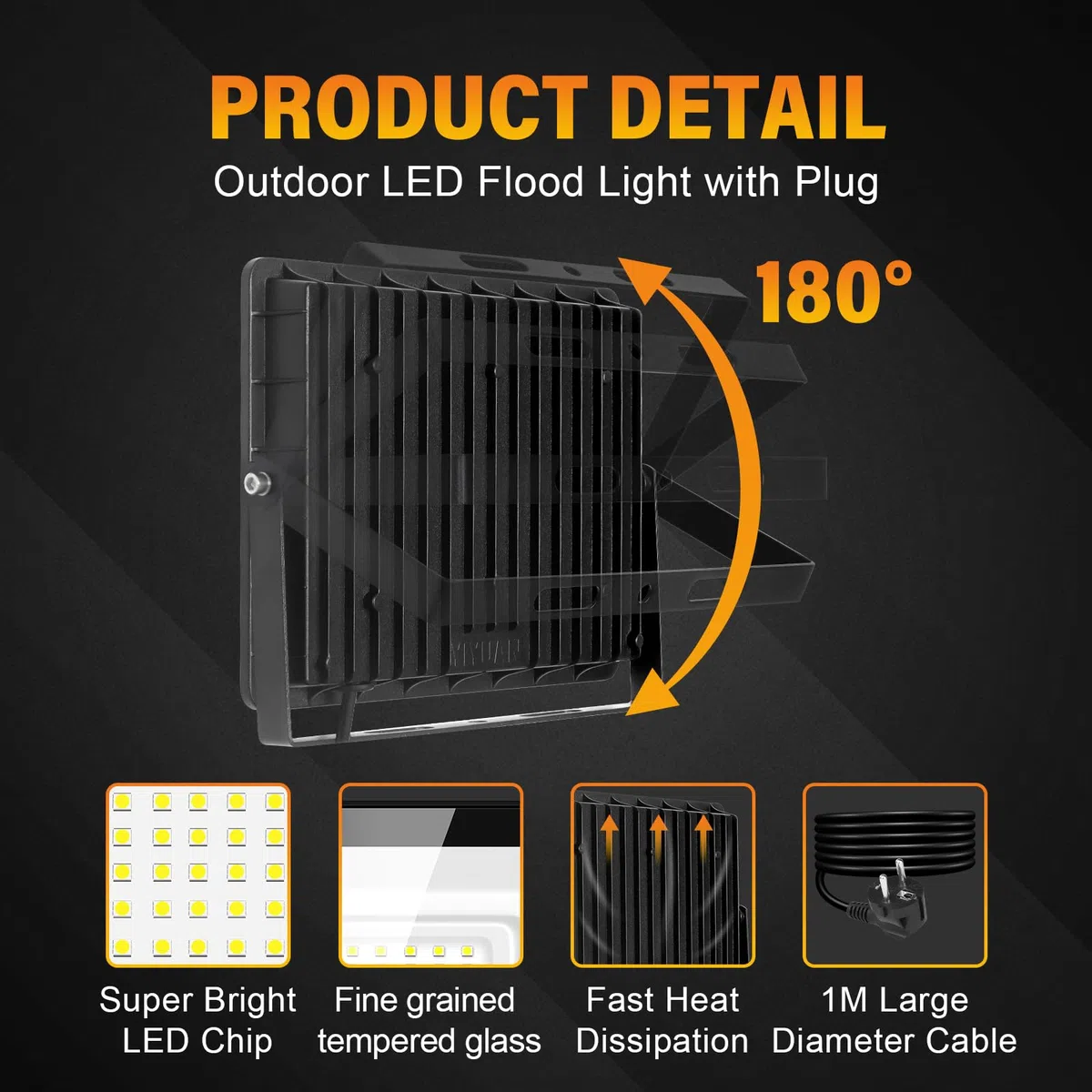 RIGIDON Faretto LED 100W, Faro da Esterno con Spina, Faretti 10000LM Impermeabile IP66, Fari Led Interna ed Esterna 6000K Bianco Freddo Fari di Sicurezza per Giardino, Cortile, Garage