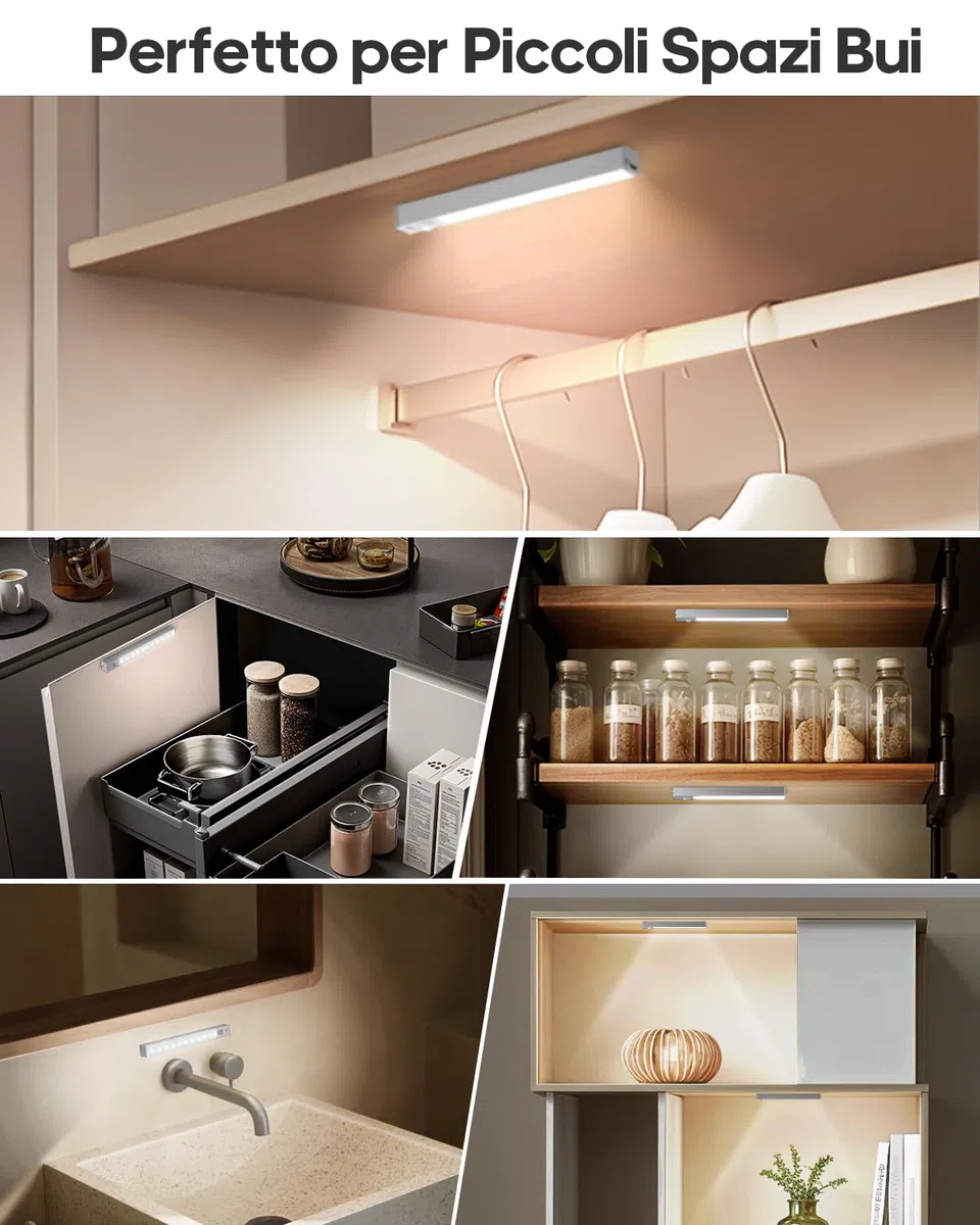 GOODEA Alluminio 6 Dimming Luce Armadio LED Ricaricabile 18cm Senza Fili con Stazione di Carica Barra LED Luce Armadio con Sensore di Movimento luce notturna per Armadio da Lingerie