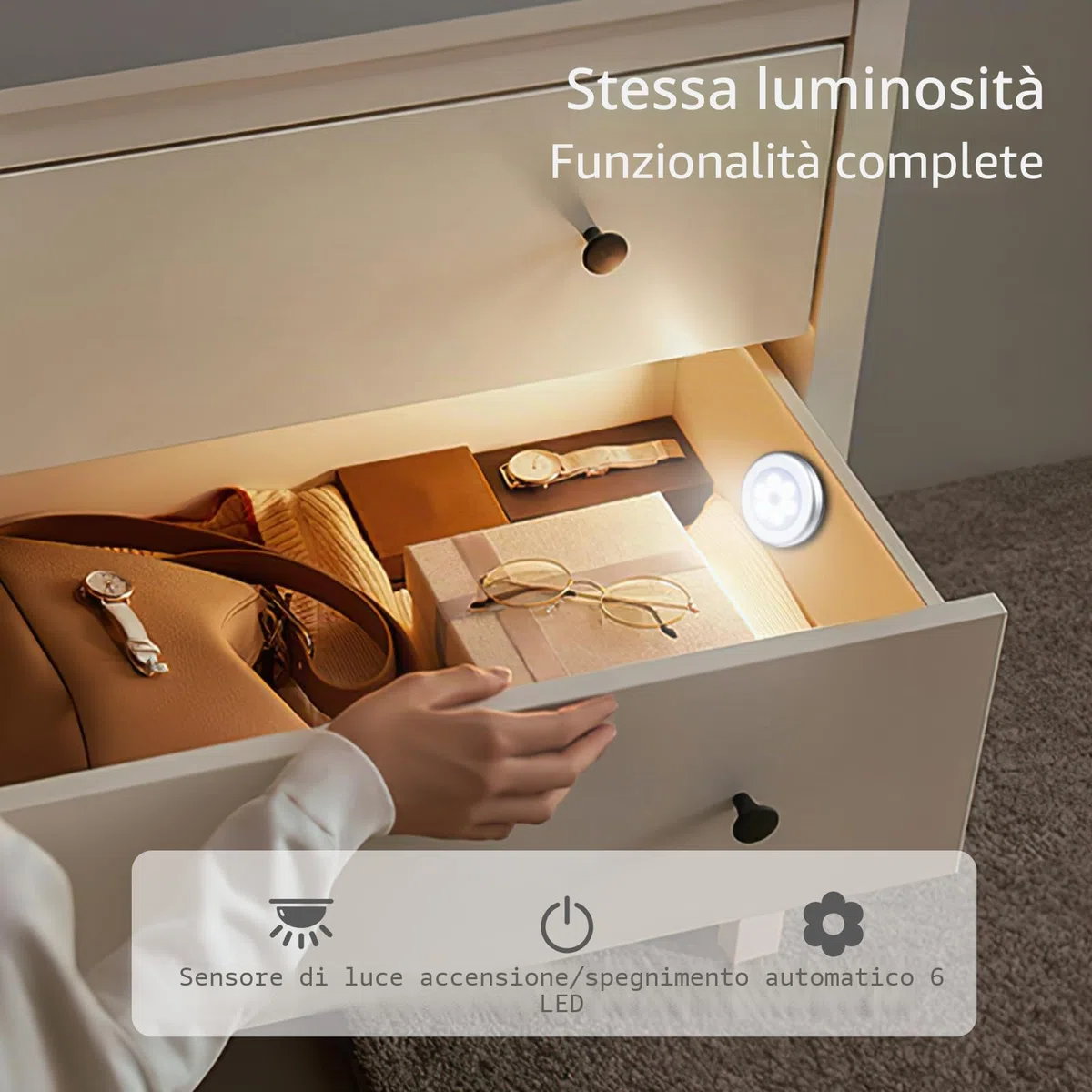 ORIA 6PCS Luce Notturna Sensore Movimento, Luci Armadio Led Senza Fili con Magnete, Auto On/Off, Luce Adesiva a Batteria per Armadio, Corridoio, Scale