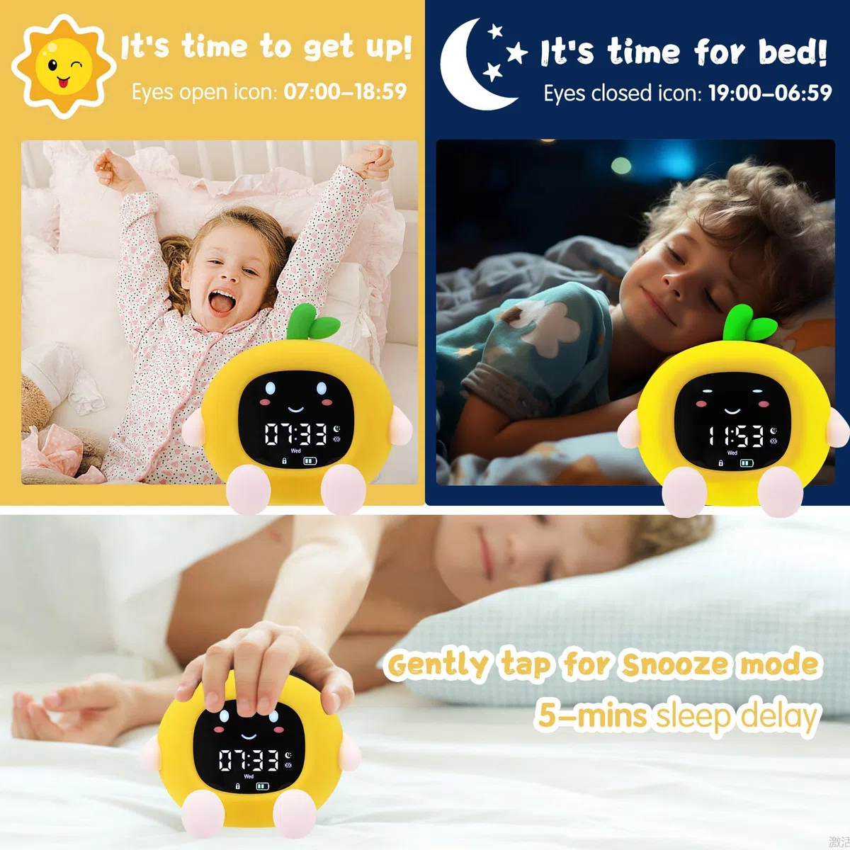 Sveglia Bambini Bambina Bambino Sveglie da Comodino Digitale LED Toddler Sleep Training Clock + Timer Trainer con Luce Notturna Ricaricabile Silicone Alarm Night Light Funzione Snooze Controllo Touch
