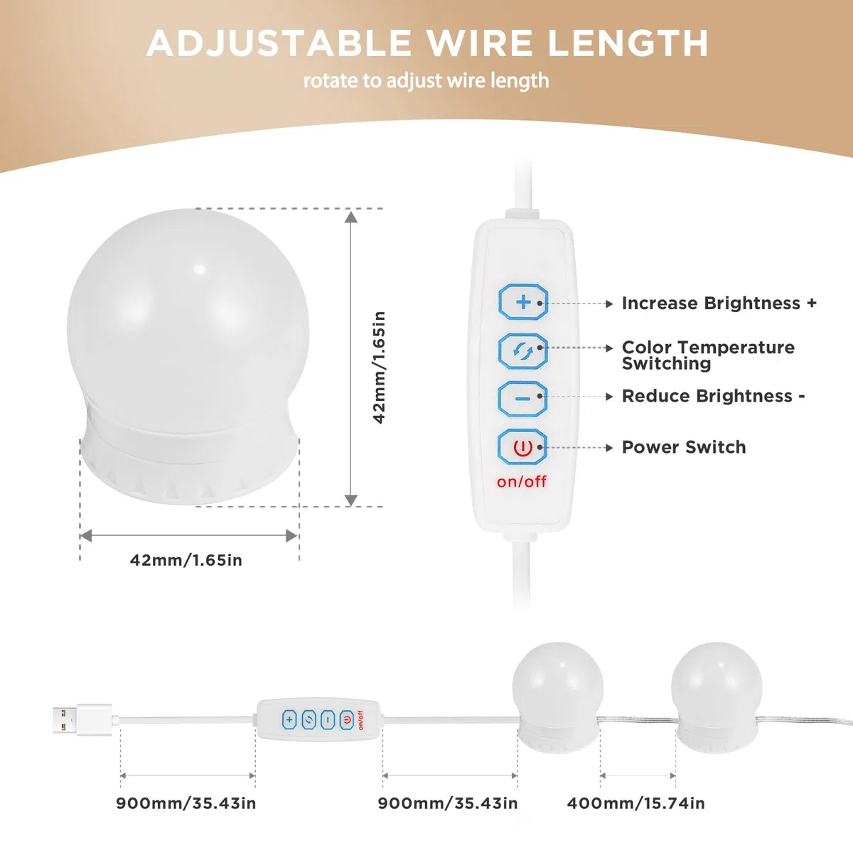 Luci Trucco, Kit di 14 Lampadine Hollywood LED Dimmerabile con Adattatore, Specchio Hollywood Dimmerabile con 3 Colori e 10 Intensità per Parrucchiere