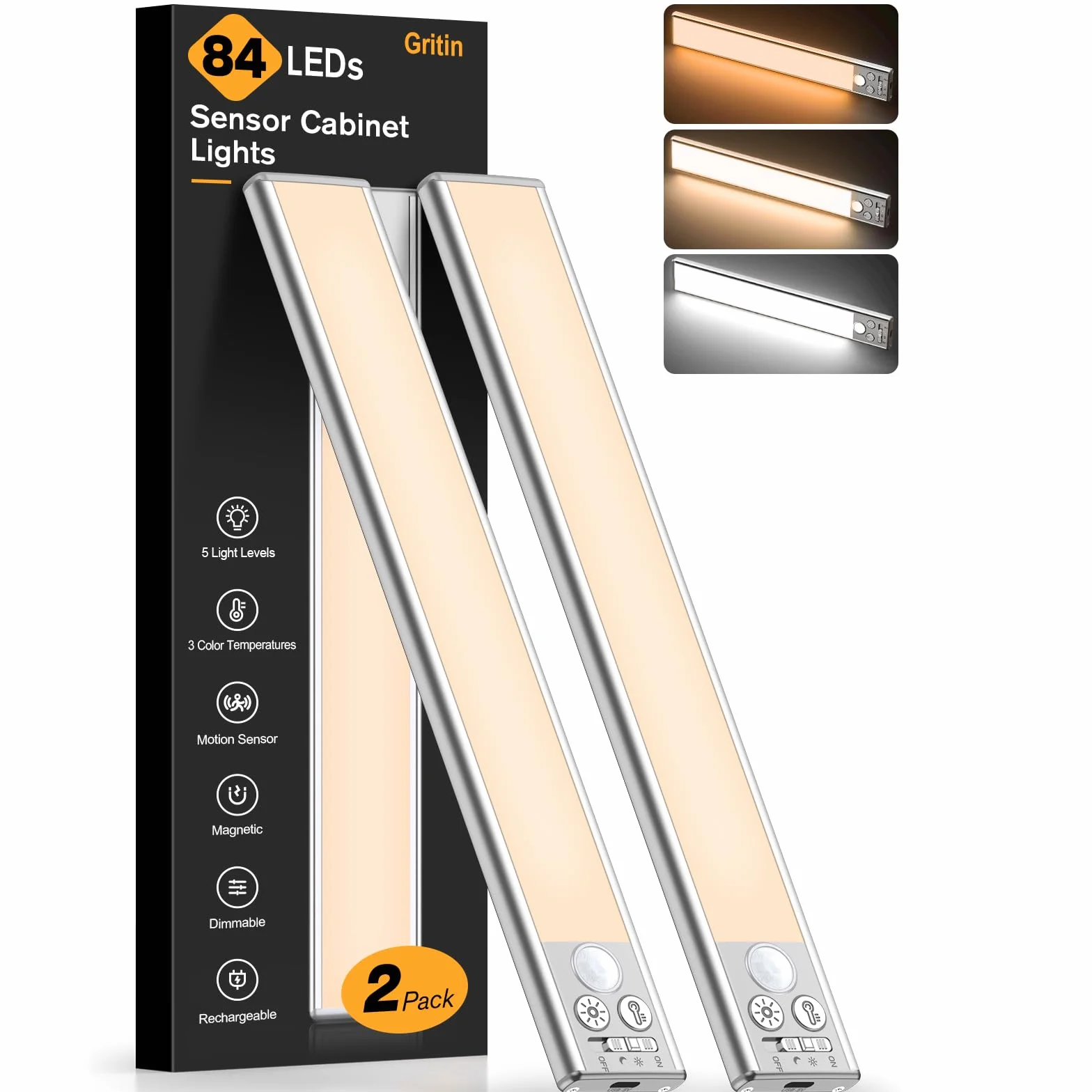 Gritin Luce Led Sottopensile Cucina Ricaricabile 2 Pezzi- 3 Colori & 5 Luminosità, Super Luminoso, 4 Modalità, Sensore di Movimento, Lunga Durata- Facile Installazione Magnetiche Luce Armadio-26CM