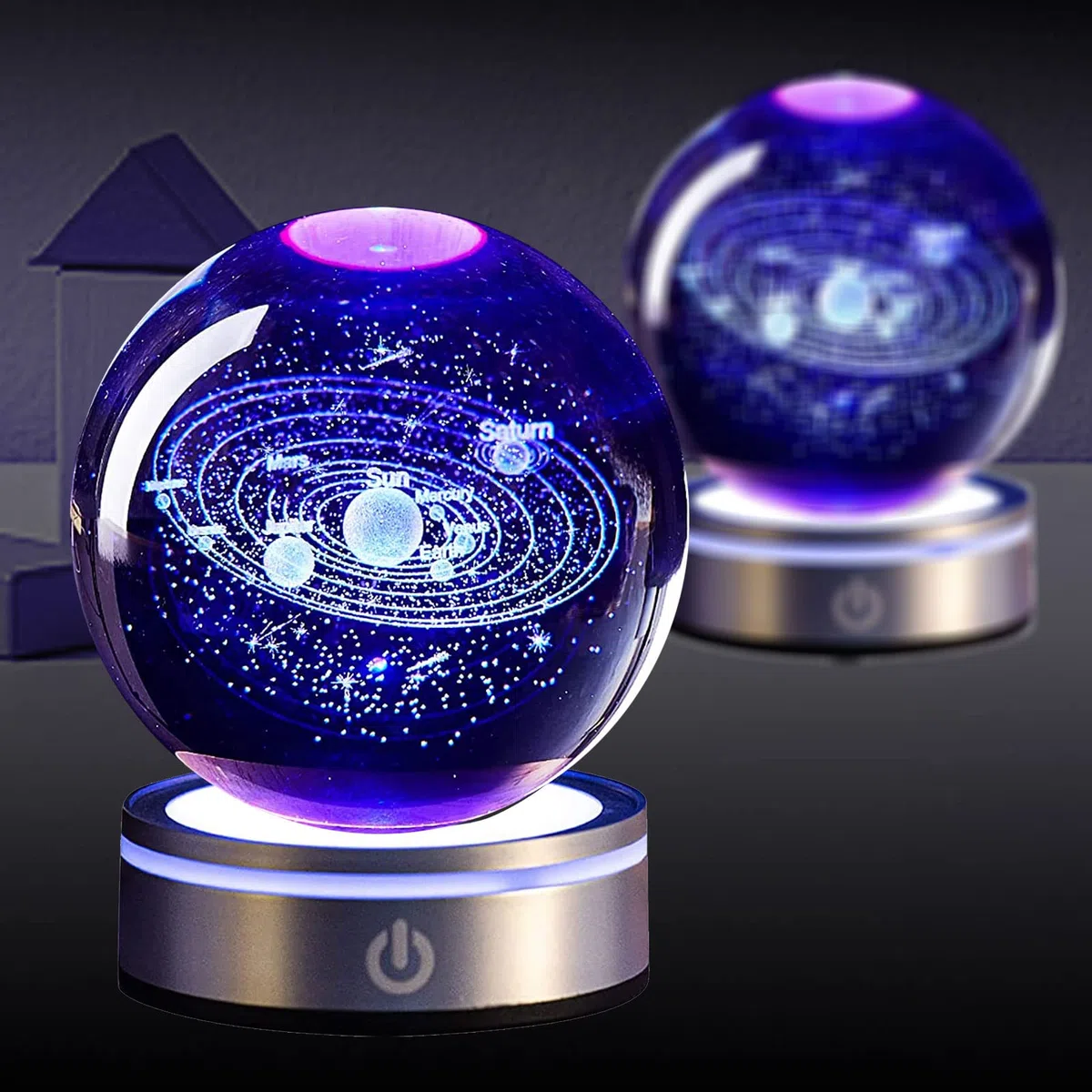 mumisuto Sfera di Cristallo 3D, Sfera di Cristallo 3D Sistema Solare, luce notturna 3d con sfera di cristallo con LED Light Up Base Casa Decorazione Ornamento Astronomia Regali educativi di Natale