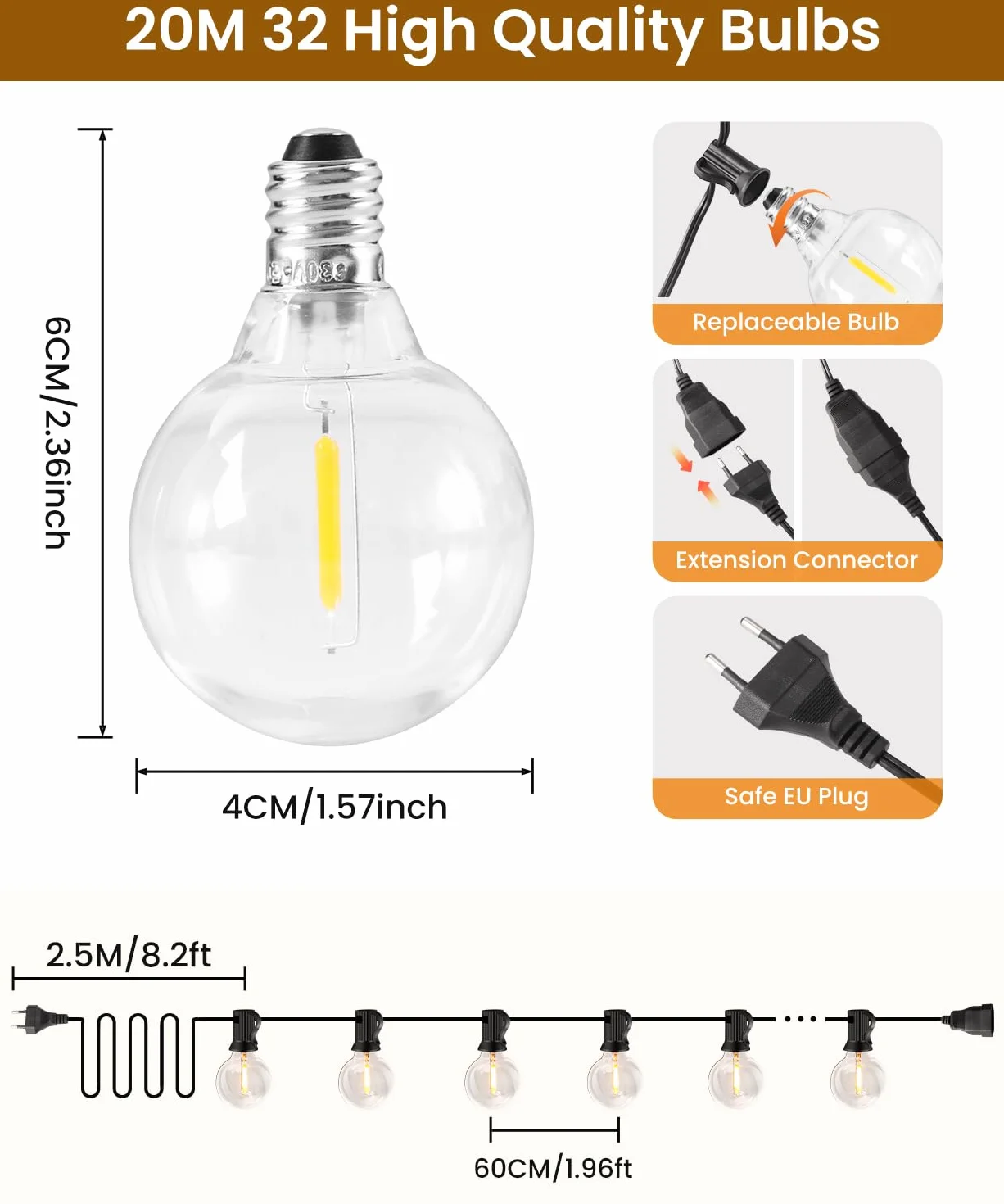 Rintea Catena Luminosa Esterno, 20M Luci da Esterno Giardino con 30+2 LED 0.6W Catene Lampadine 2700K Bianco Catena LED Luci da Esterno Impermeabile per Natale, Matrimonio, Festa, Giardino, Patio