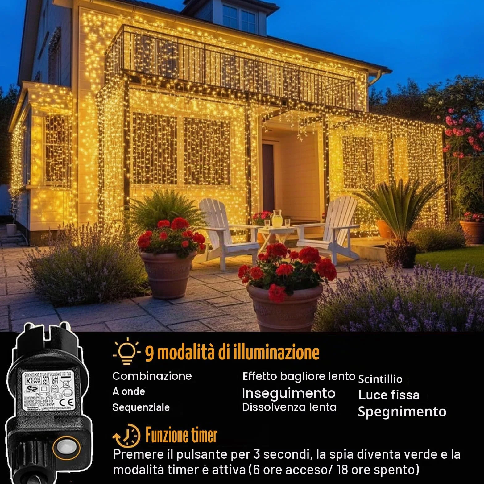 yowin Tenda Luminosa Esterno Interno 6m x 3m 600 LED Cascata Luci Impermeabile IP65 con Timer, 8 Modalità Luci Tenda con Presa per Matrimonio, Gazebo, Finestra, Parete, Giardino - Bianco Caldo