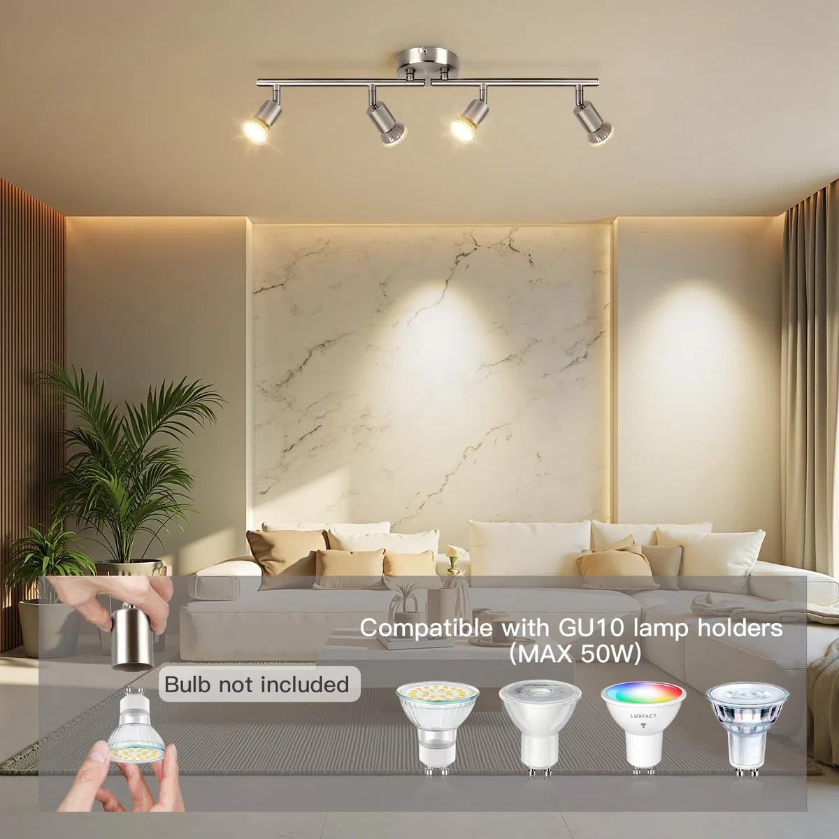 Ketom Binario Faretti Soffitto Orientabile 4 Luci, GU10 Faretto da Soffitto LED Industriale Nichel, Faretti da Parete Interno Moderno per Camera da Letto, Cucina, Soggiorno, Senza Lampadina