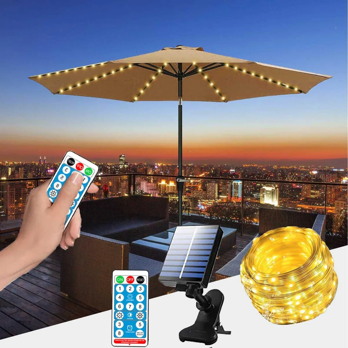 Outdoo - Ombrello a energia solare a LED con ricarica USB, con telecomando e clip, 8 modalità di illuminazione, per campeggio, giardino, decorazione per feste