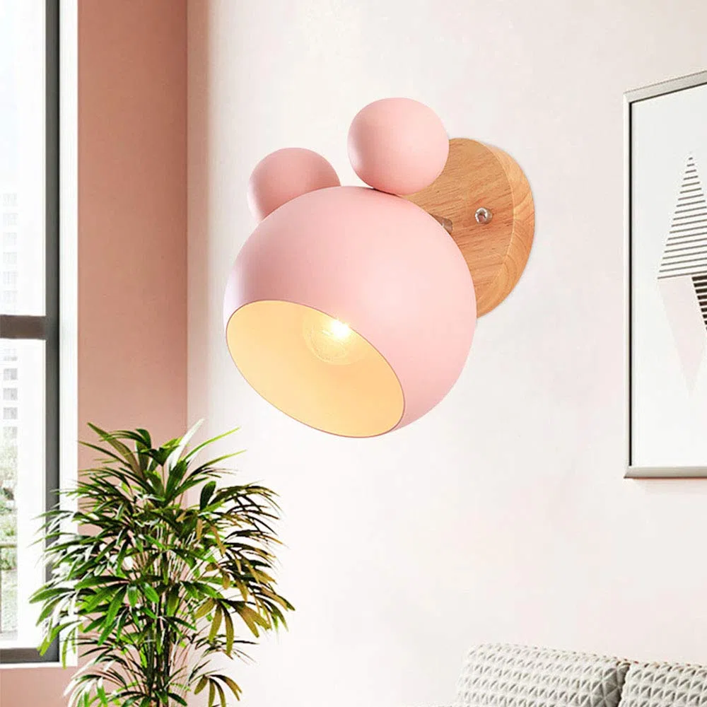 Mengjay Creativo cartone animato in legno Topolino applique da parete Nordic Macaron Lampada da parete a LED per bambini che leggono camera da letto comodino illuminazione E27 Luce da Muro (Rosa)