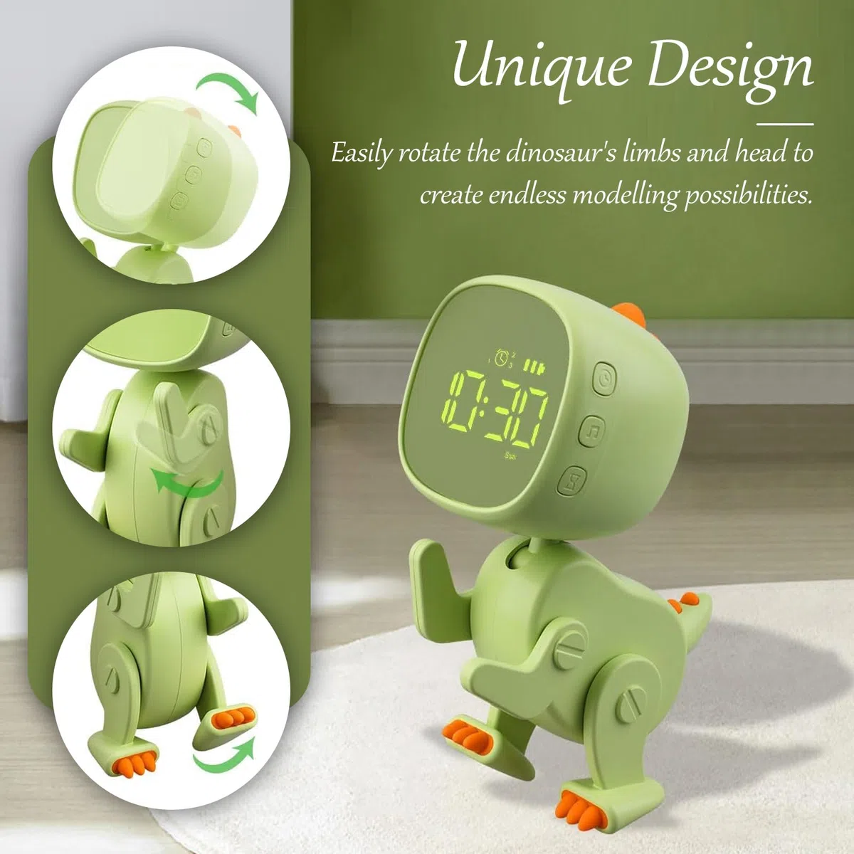 Sveglia per bambini ragazza ragazzo sveglia digitale per bambini luce notturna dinosauro orologio Snooze, con 3 gruppi di allarmi, suono e luminosità regolabili in ricarica USB, verde