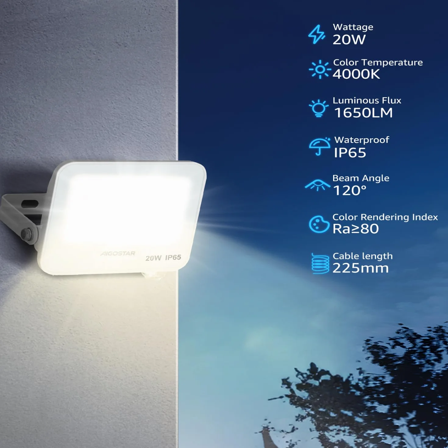 Aigostar Faretto LED da Esterno 20W, 1650LM, Faretti LED Esterno Naturale 4000K, Luce di Sicurezza Impermeabile IP65, Per Giardino, Cortile, Garage, Corridoio, Confezione da 6