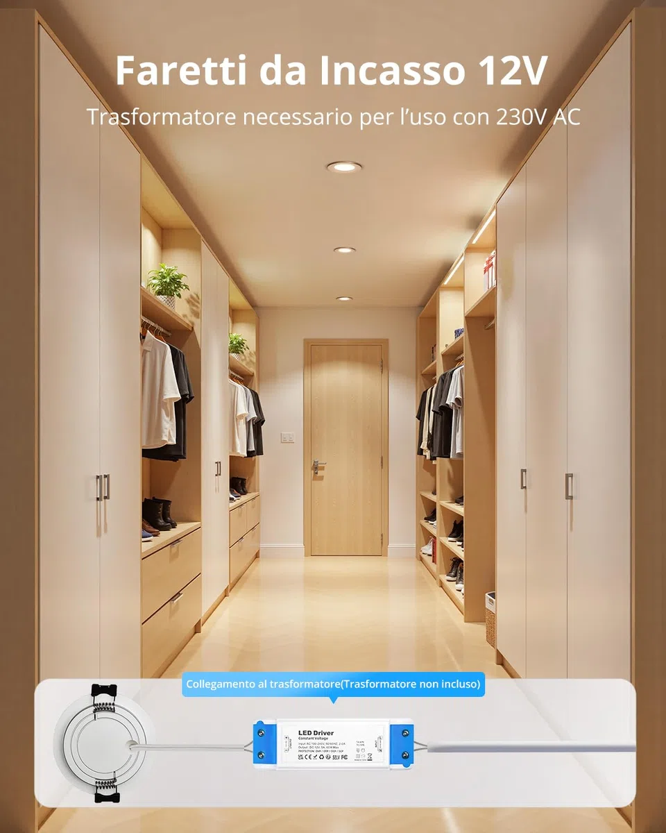 Gr4tec Faretti LED da Incasso per Cartongesso 12 Volt, 4 x 3W Faretto LED 12V 3000K Bianco Caldo 240lm 84Ra, IP44 Luci da Incasso Ultrasottili 12mm, Alluminio Foro 58-62mm Per Camper Barca Bagno