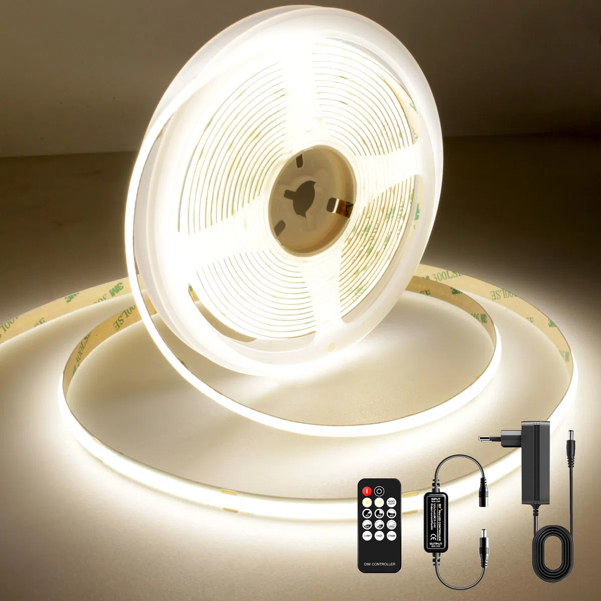 AXMOTUT Striscia LED COB 5 metri 24V, Striscia LED Bianco Naturale 4000K, 320LEDs/m, Larghezza 8mm, CRI90+, con Alimentatore, Telecomando RF, luci led per Cucina, Soggiorno, Feste, Bar