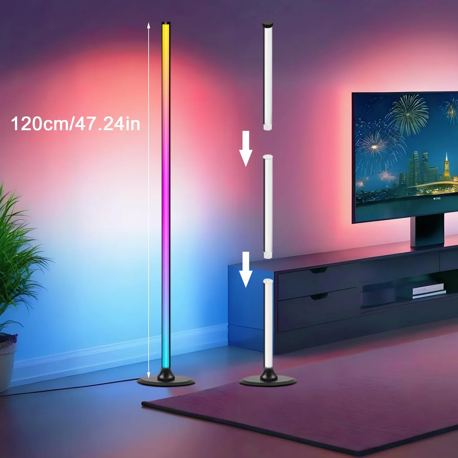 Lampade da Terra 1 pezzi,1.2m,RGBW Lampada da Terra LED con Telecomando e APP,16 Milioni di Colori,Sincronizzazione Musicale,234 Modalità Dinamiche,Lampada da Angolare per Camera,Soggiorno,Nero