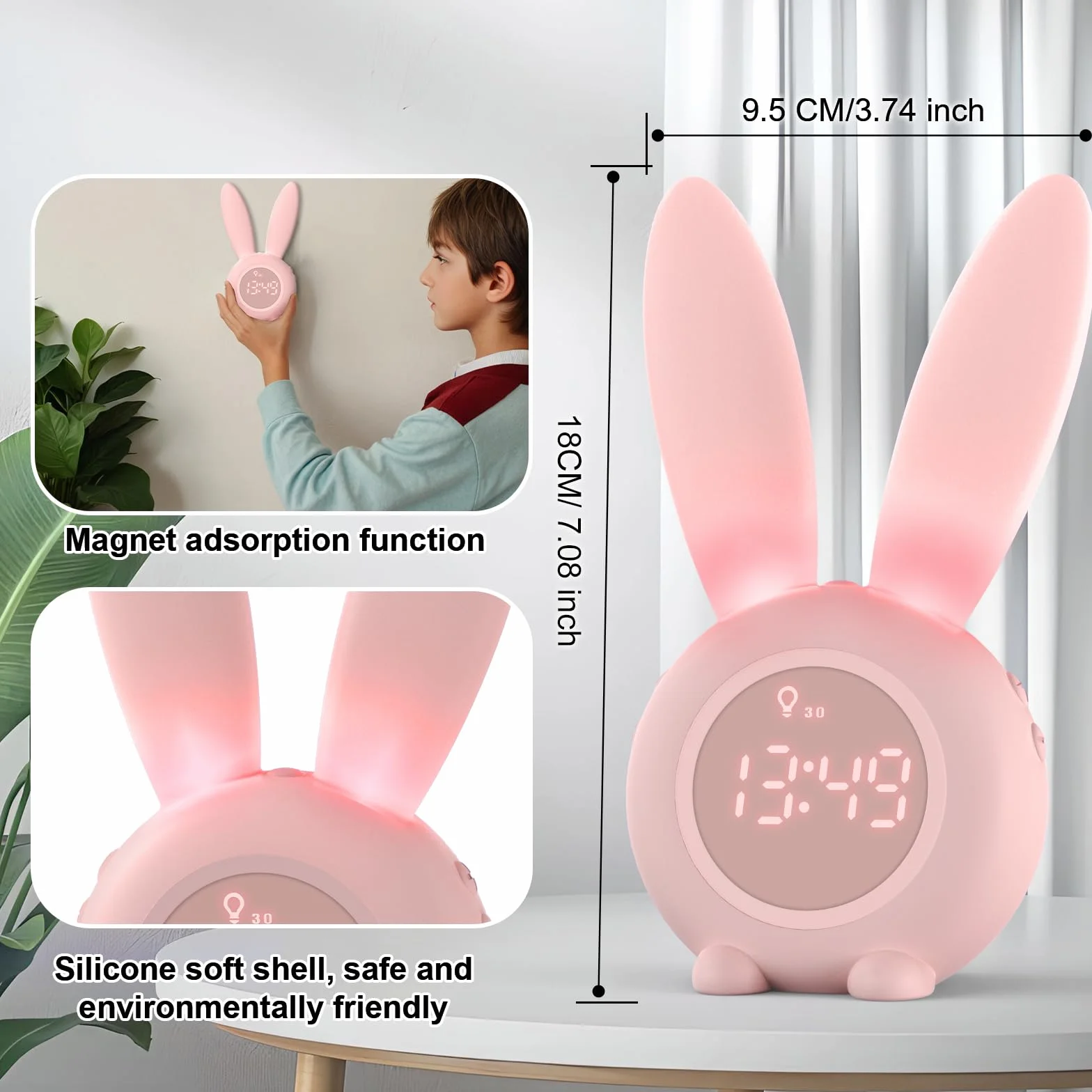 Homealexa Sveglia Bambini da Comodino Sveglia di Coniglio con Luce Notturna Funzione Snooze Timer Lampada Orologio da Tavolo Sveglia Ricaricabile Senza Fili Regalo per Ragazzi Studenti (Rosa)