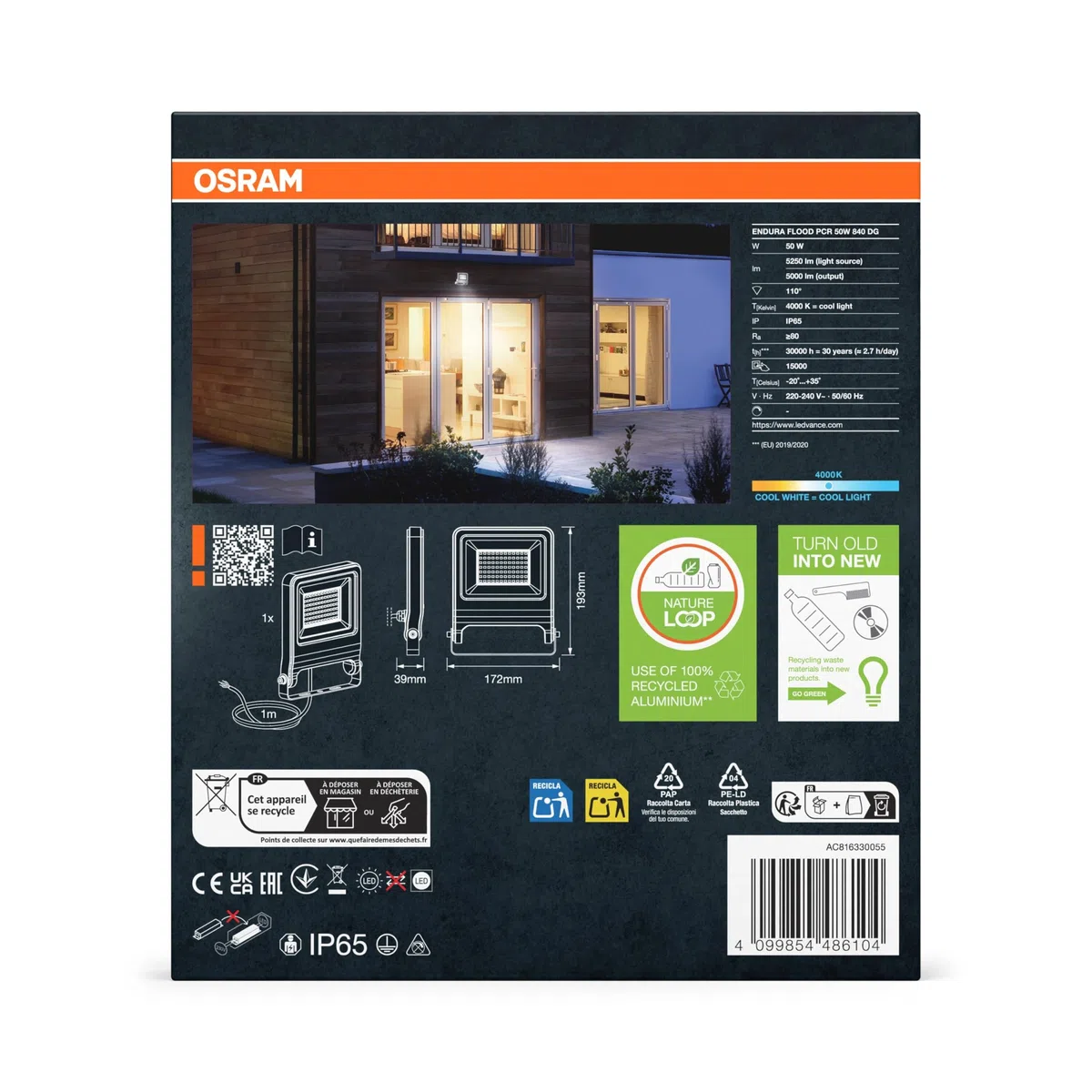 OSRAM Proiettore LED ENDURA FLOOD PC 50W, bianco freddo 4000K, 5000 lumen, proiettore IP65 per grandi aree, alluminio riciclato, efficienza 100 lm/W