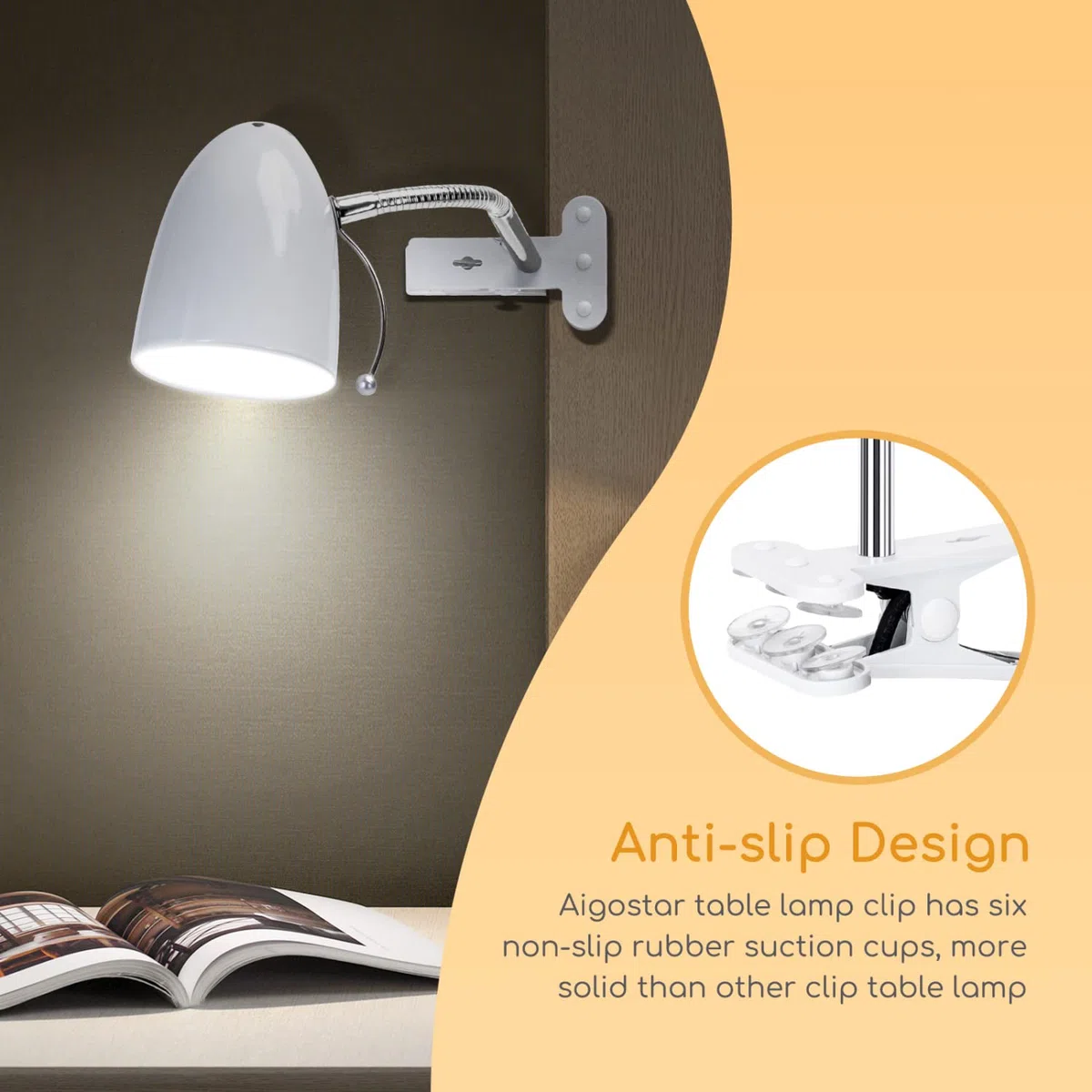 Aigostar Lampada da Lettura Vintage E27, Lampada con Pinza in Metallo Flessibile e Regolabile, Lampada da Scrivania con Clip con Spina, Cavo da 1,5 m con Interruttore, Bianco