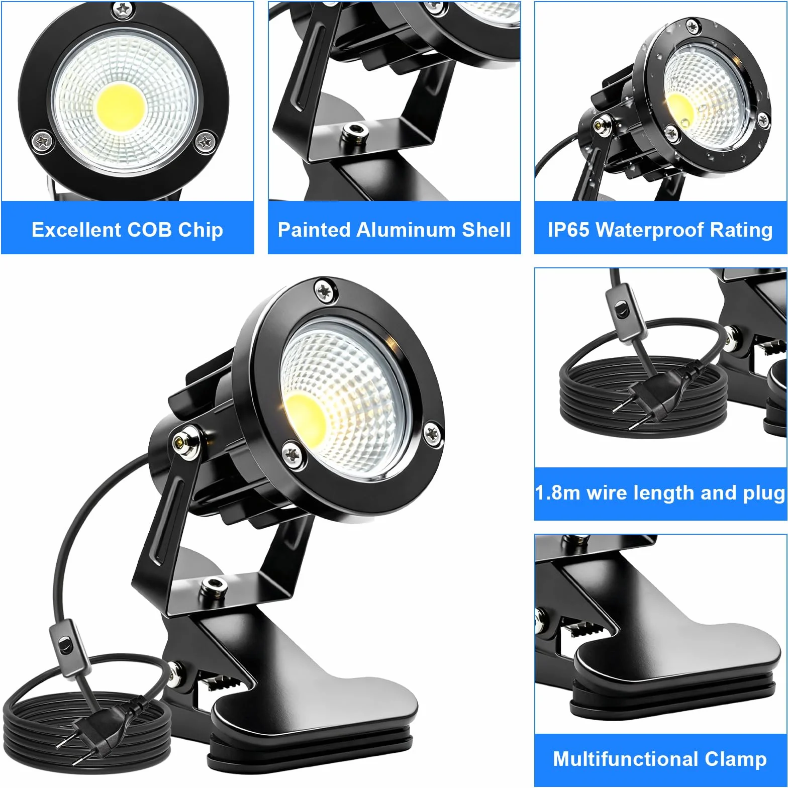 GBKDQQ 2 faretti LED a morsetto con spina e interruttore, IP65, 10 W, impermeabili, per interni ed esterni, con morsetto a LED da 1,5 m, per esterni, cortile/prato (bianco freddo)