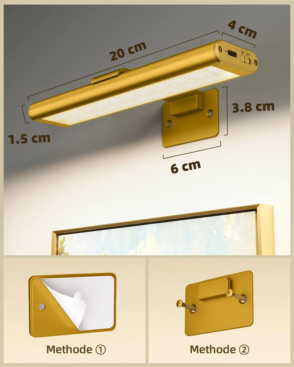 EZVALO Illuminazione senza fili – Lampada da parete a batteria per interni, colore oro, 1 pezzo di qualità museale per dipinti e foto