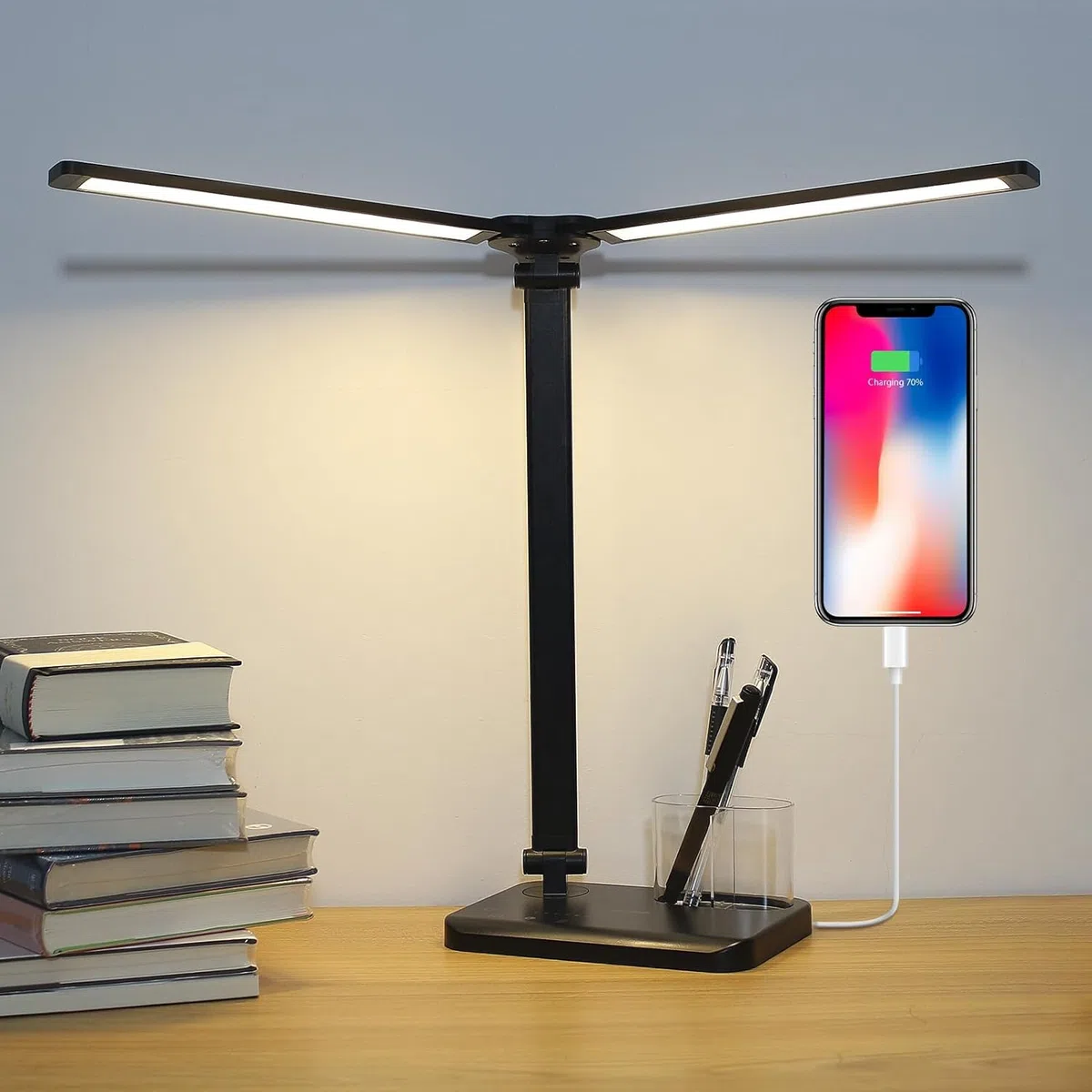 iVict Lampada Da Scrivania LED, 5 Modalità d'illuminazione 10 Livelli di Luminosità, Funzione di Memoria, Due Porte di Ricarica, Funzione Timer per Lettura, Cameretta, Ufficio, Bianca