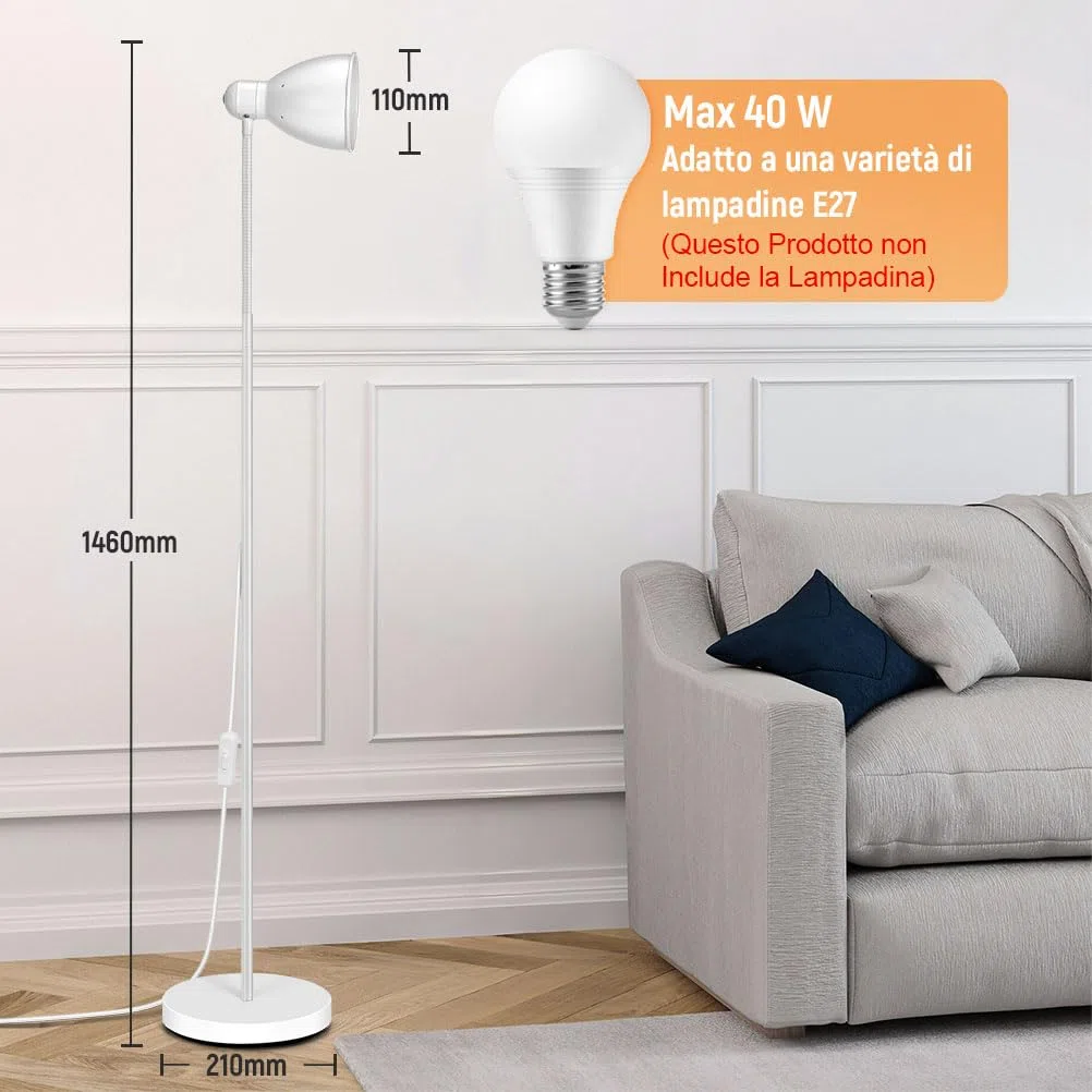 OUSFOT Lampada da Terra, 146cm Piantana Lampada da Terra E27 Max 40W(Nessuna Lampadina Inclusa) Semplice Regolabile Bianco,Adatto a Camere da Letto,Soggiorni e Uffici