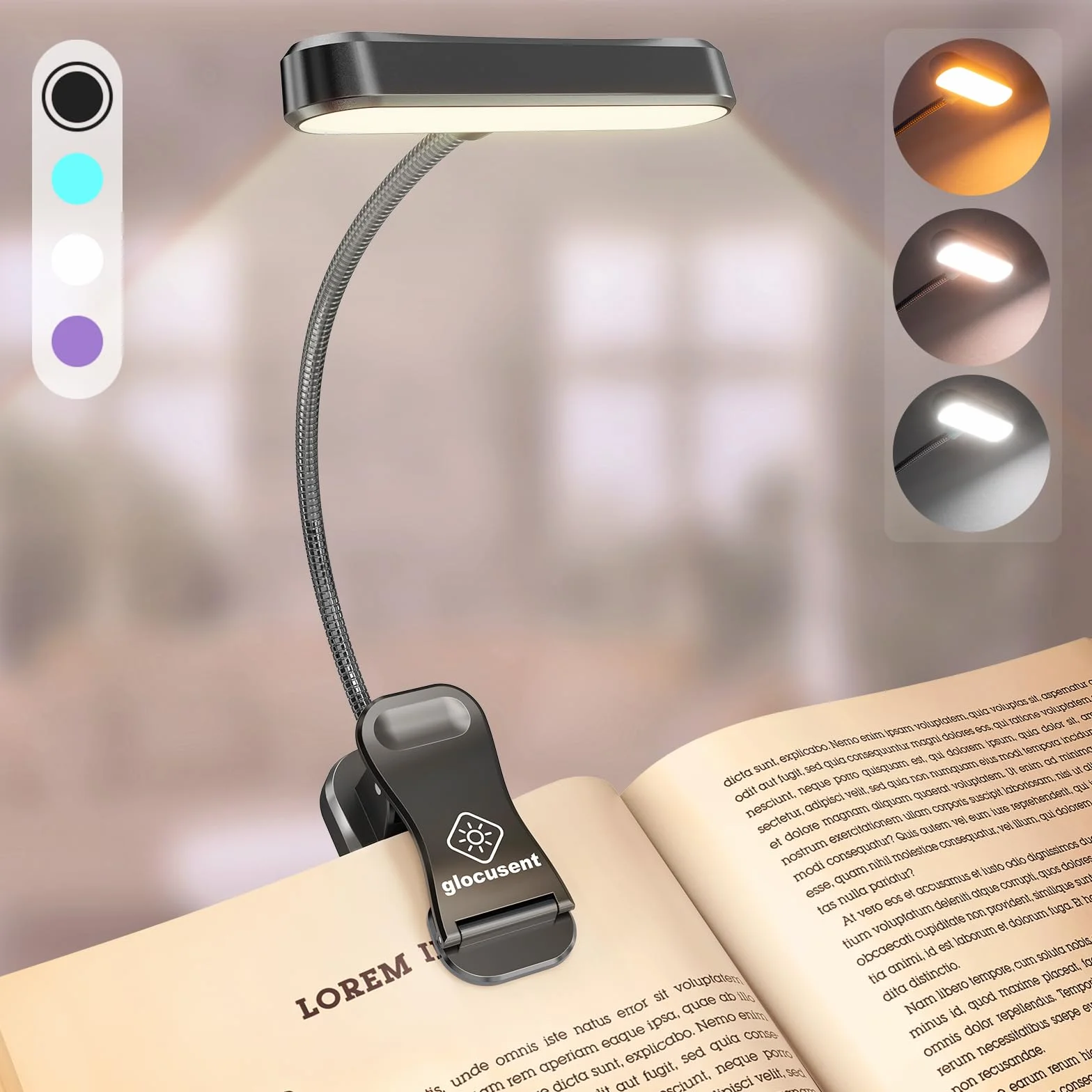Glocusent Testa ET Orizzontale Luce per Lettura Libri a Letto, Tutela della Vista, 3 Colori & 5 Luminosità, Luce libro Ricaricabile Lunga Durata, 1,4Oz Leggera e Portatile