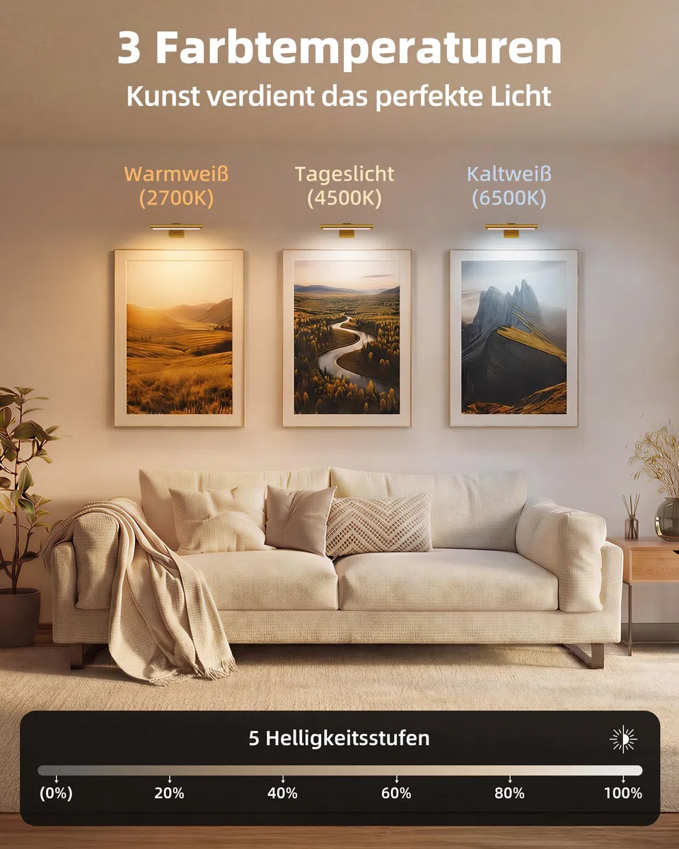 EZVALO Illuminazione senza fili – Lampada da parete a batteria per interni, colore oro, 1 pezzo di qualità museale per dipinti e foto