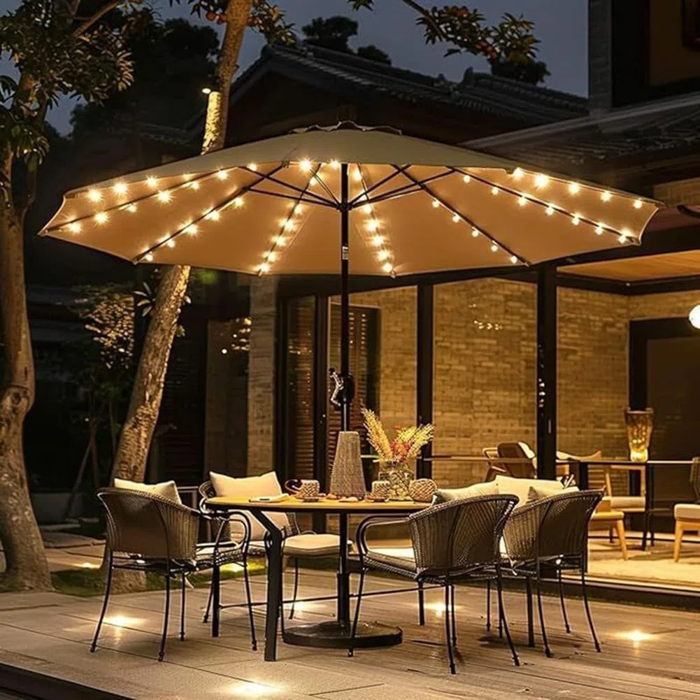 Ombrellone da Patio con LED a Energia Solare, Luci per Parasole a Energia Solare, Striscia Luminosa per Ombrellone da Giardino con Luce Colorata per Patio e Spiaggia (Bianco Caldo)