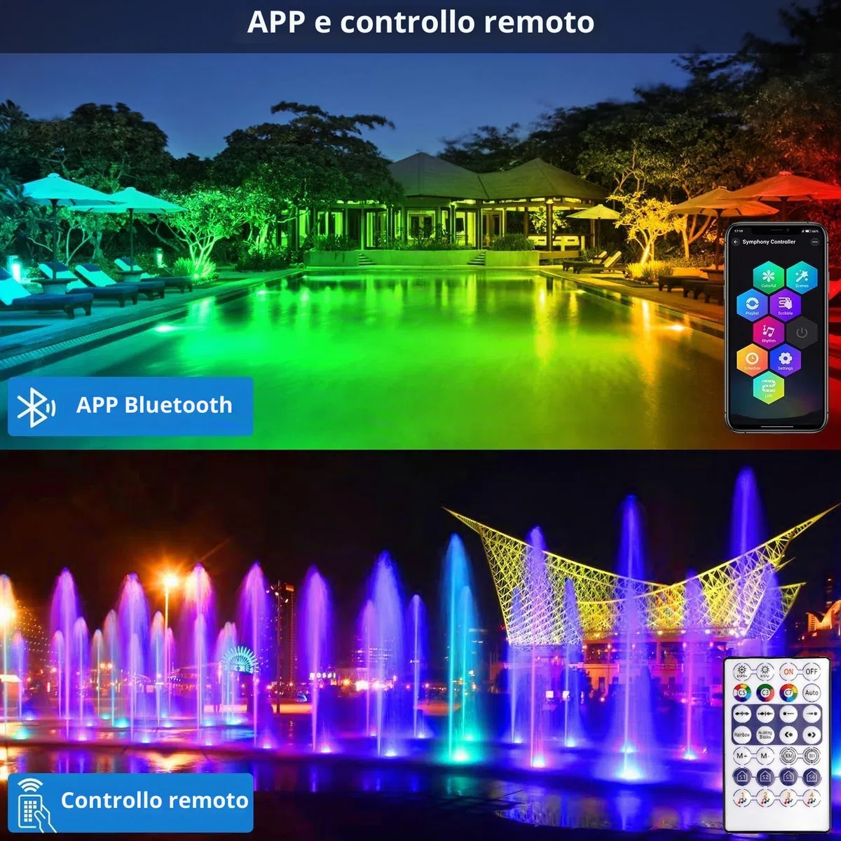 NATPOW Luci Piscina Impermeabile RGB, Cambiano Colore Luci per Laghetto Bluetooth Telecomando Controllabile, 5V Impermeabile IP68 Luce Subacquea per Giardino, Acquari, Fontana, Laghetto (3 in1)