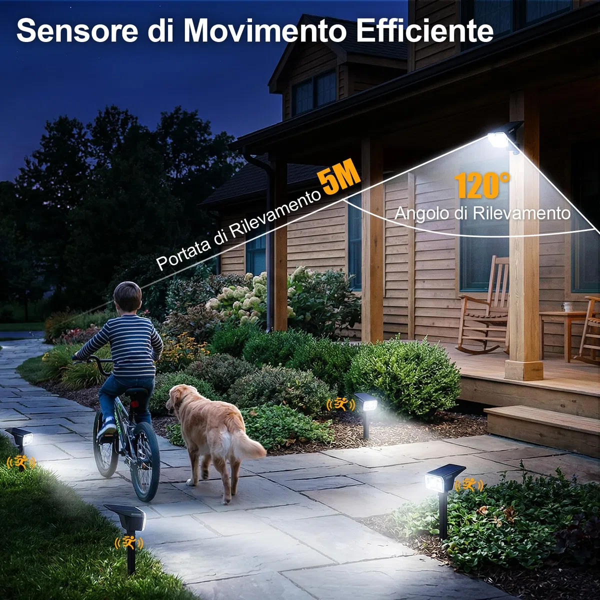Faretti Solari a LED da Esterno con Sensore di Movimento, Lampade Luci Solari da Giardino Potenti 104LED 3Modalità, Faretto LED da Esterno Solare Giardino IP65 Impermeabile Luce Fredda, 2 Pezzi
